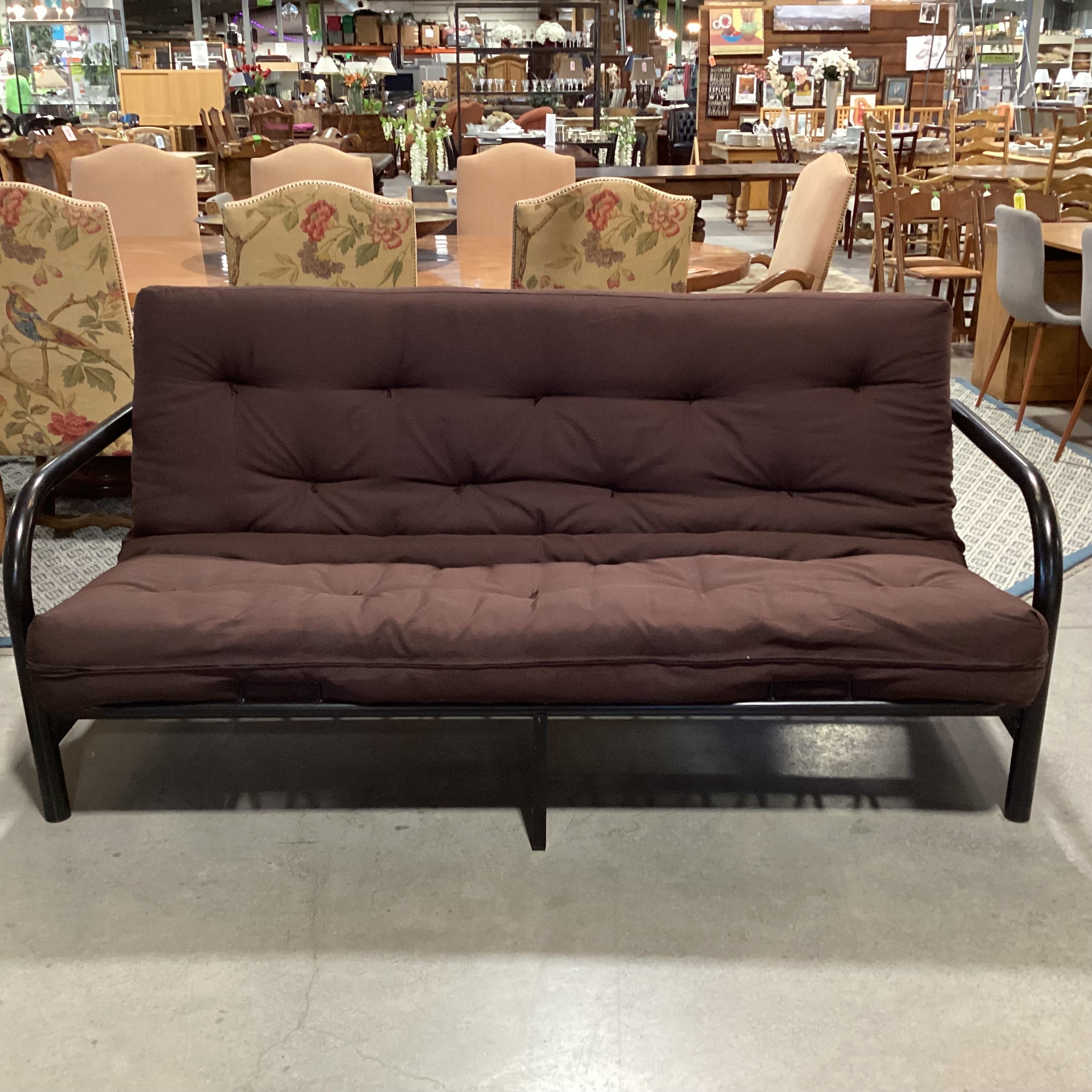 Black Metal Frame & Brown Cushion Futon Sofa 80"x 44" to 53"x 35"