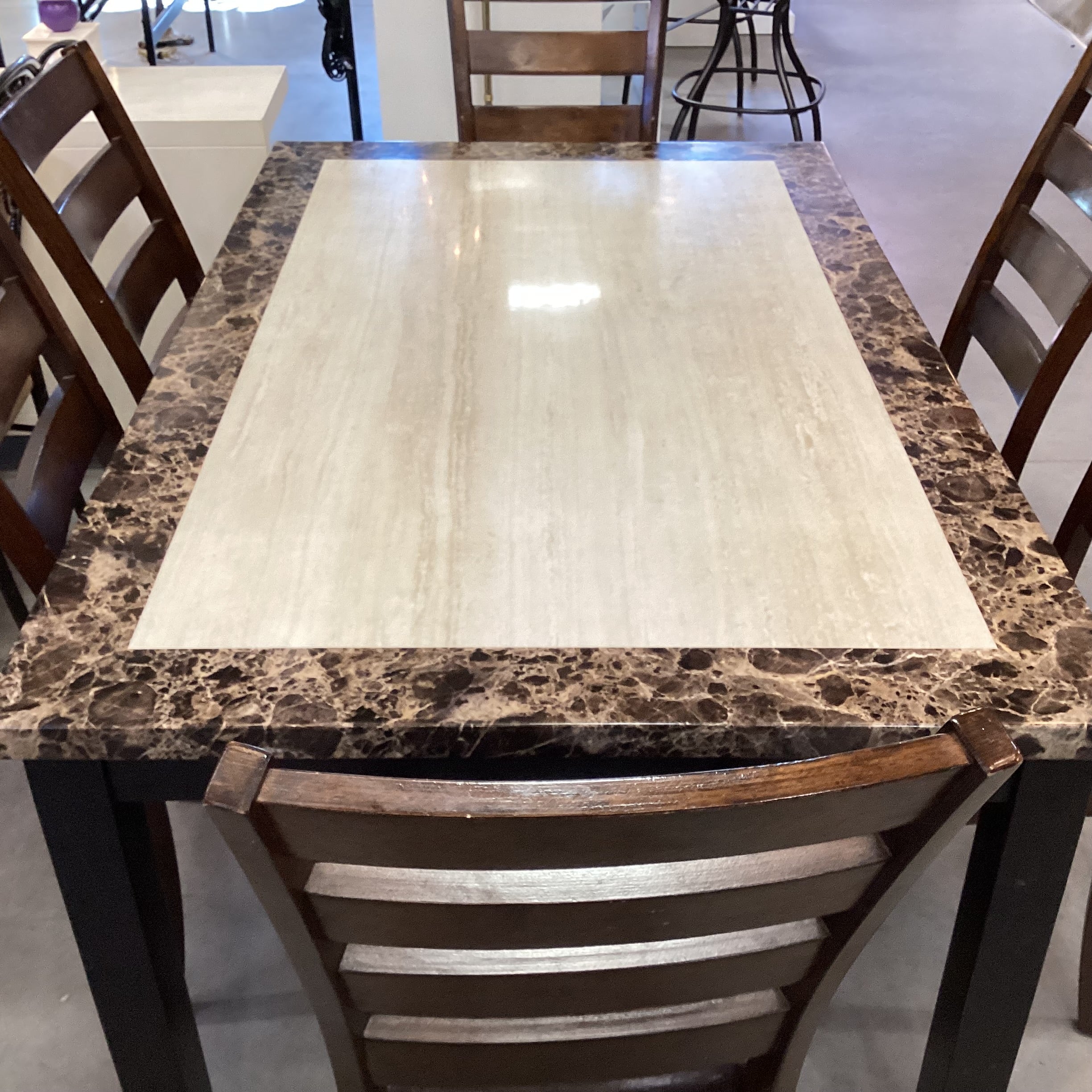 Dark Finish Wood & Faux Marble Table with 6 Faux Leather & Wood Chairs Dining Set 60"x 38"x 30.5"