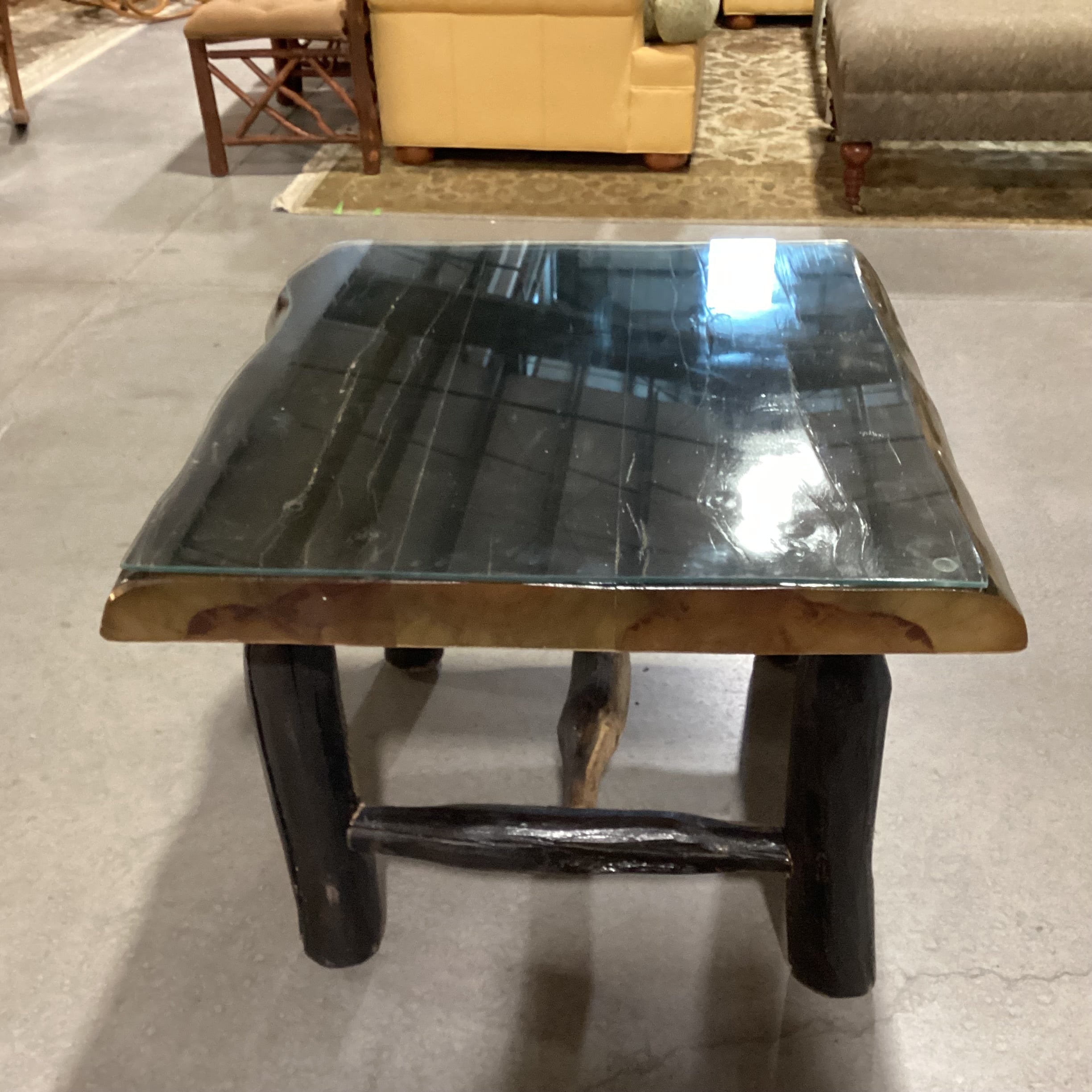 Live Edge & Log Dark Finish Solid Wood with Glass Top Accent Table 32"x 32"x 25"