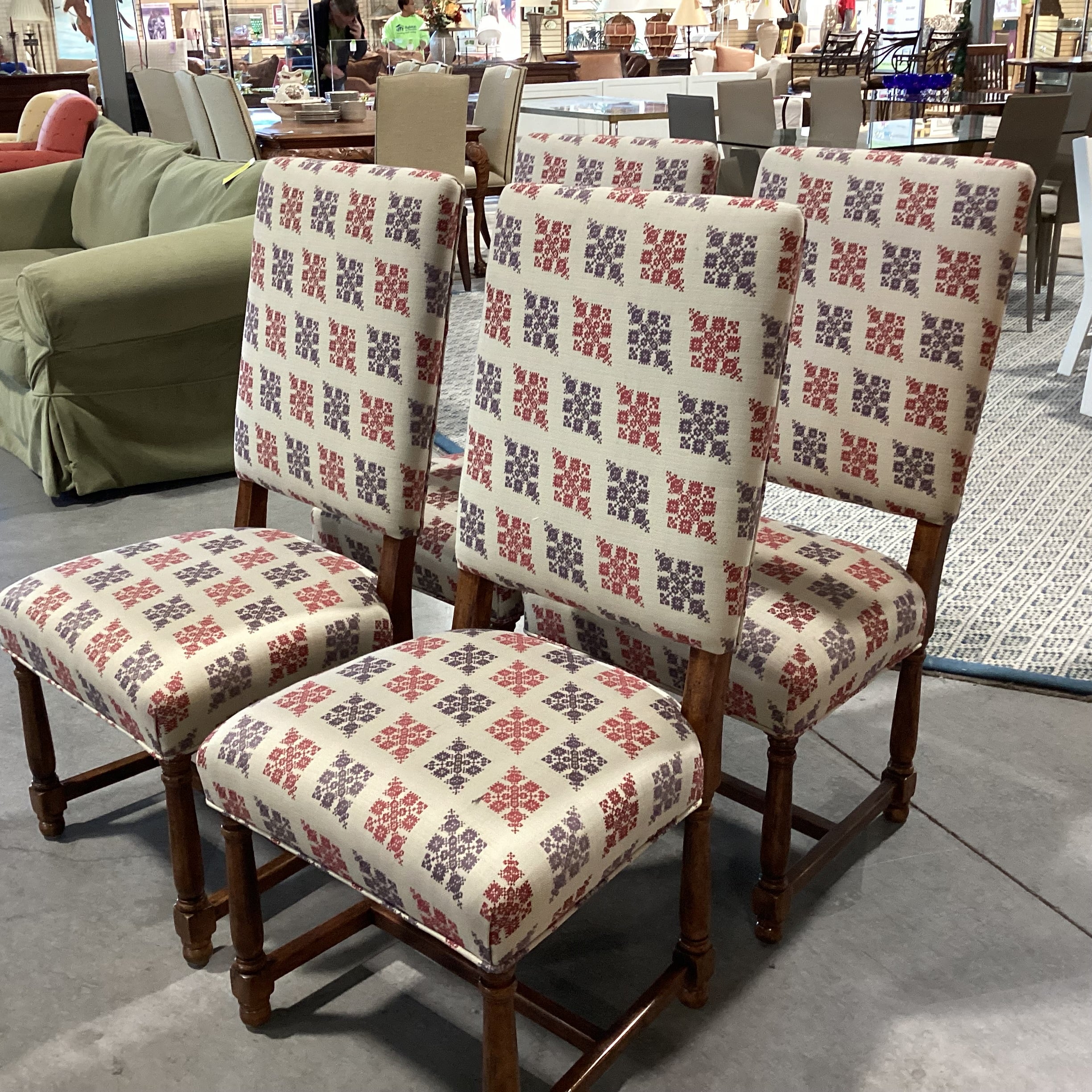 Set Of 4 Carved Wood & Beige Purple Red Pattern Linen Dining Chairs 21"x 20"x 42.5"