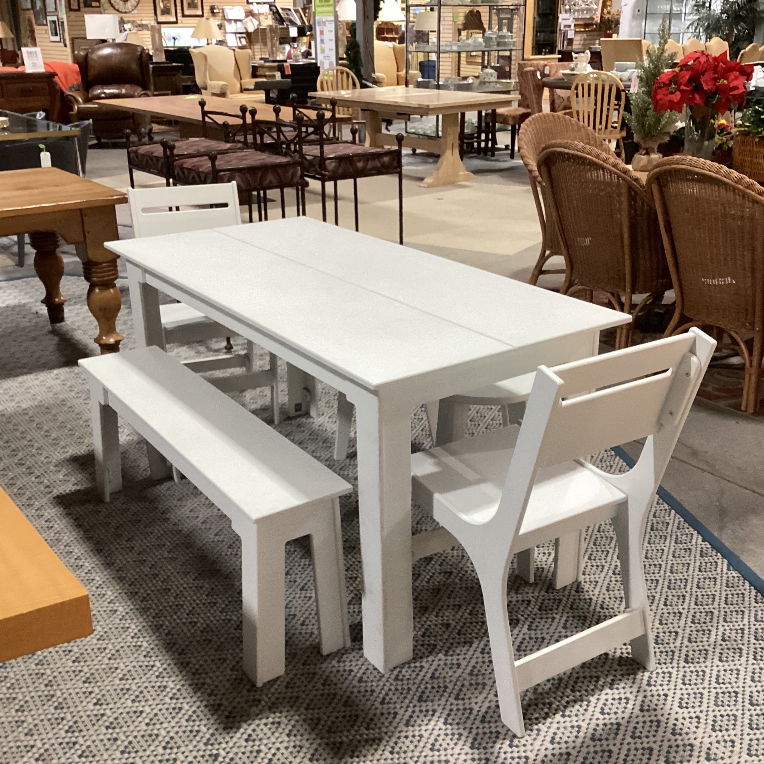 lOll White High Density Plastic Table with 2 Chairs 2 Stools 1 Bench Dining Set 62"x 30"x 30"