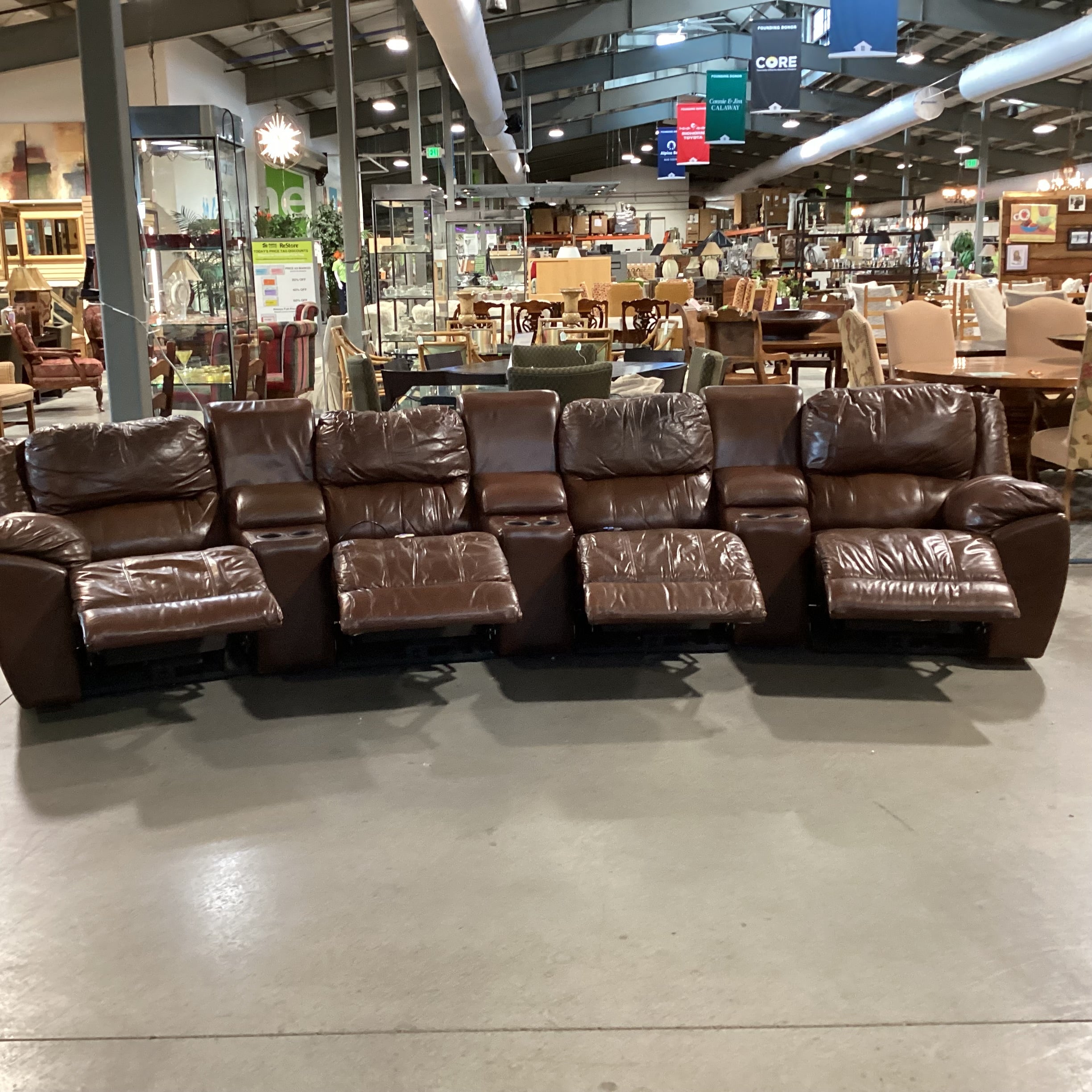 Benson Home Palliser Amaretto Leather 7 Piece with 4 Power Recliners & 3 Consoles Theater Sectional 157"x 41" to 69"x 36"th