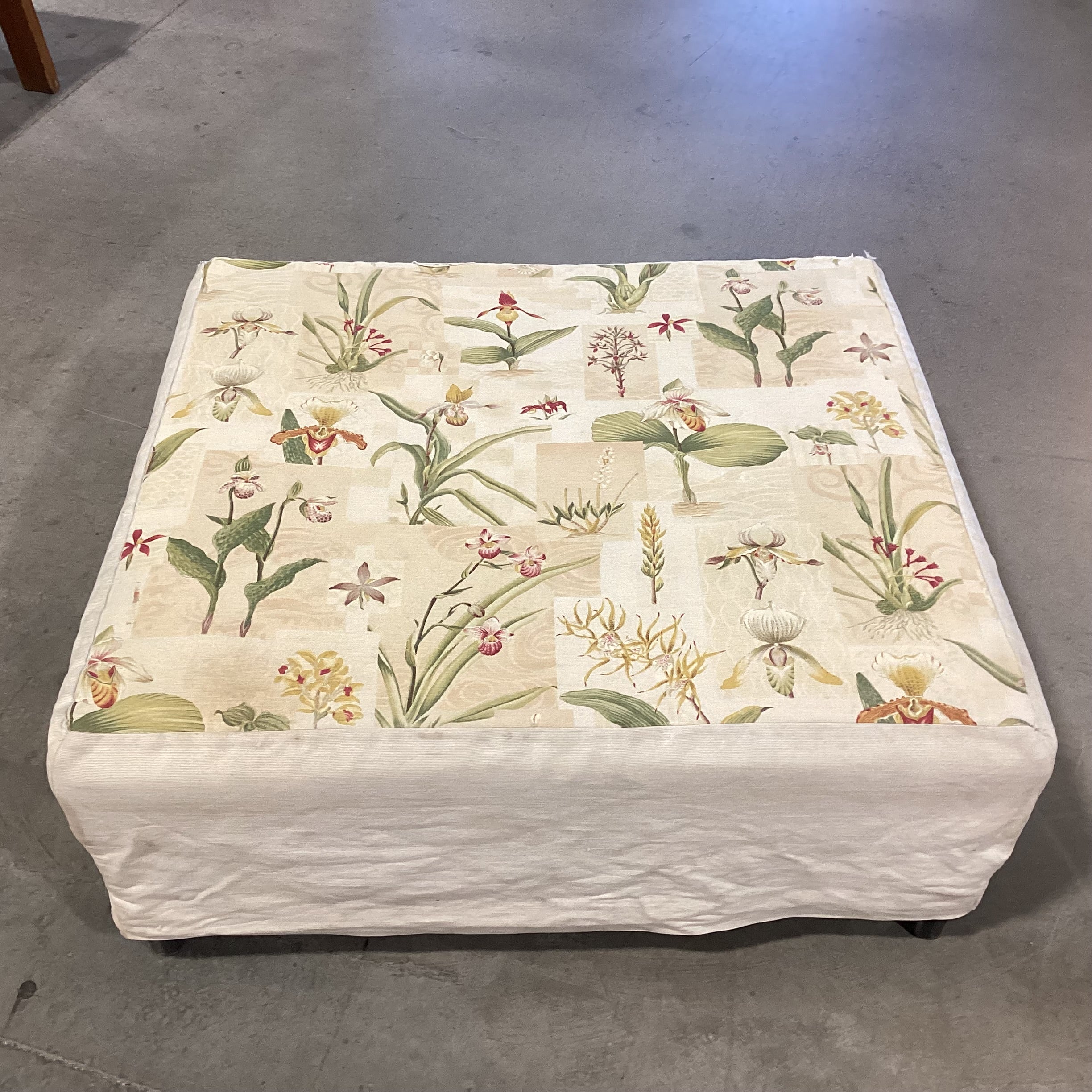 Floral Linen Slipcovered Ottoman 42"x 37"x 17"