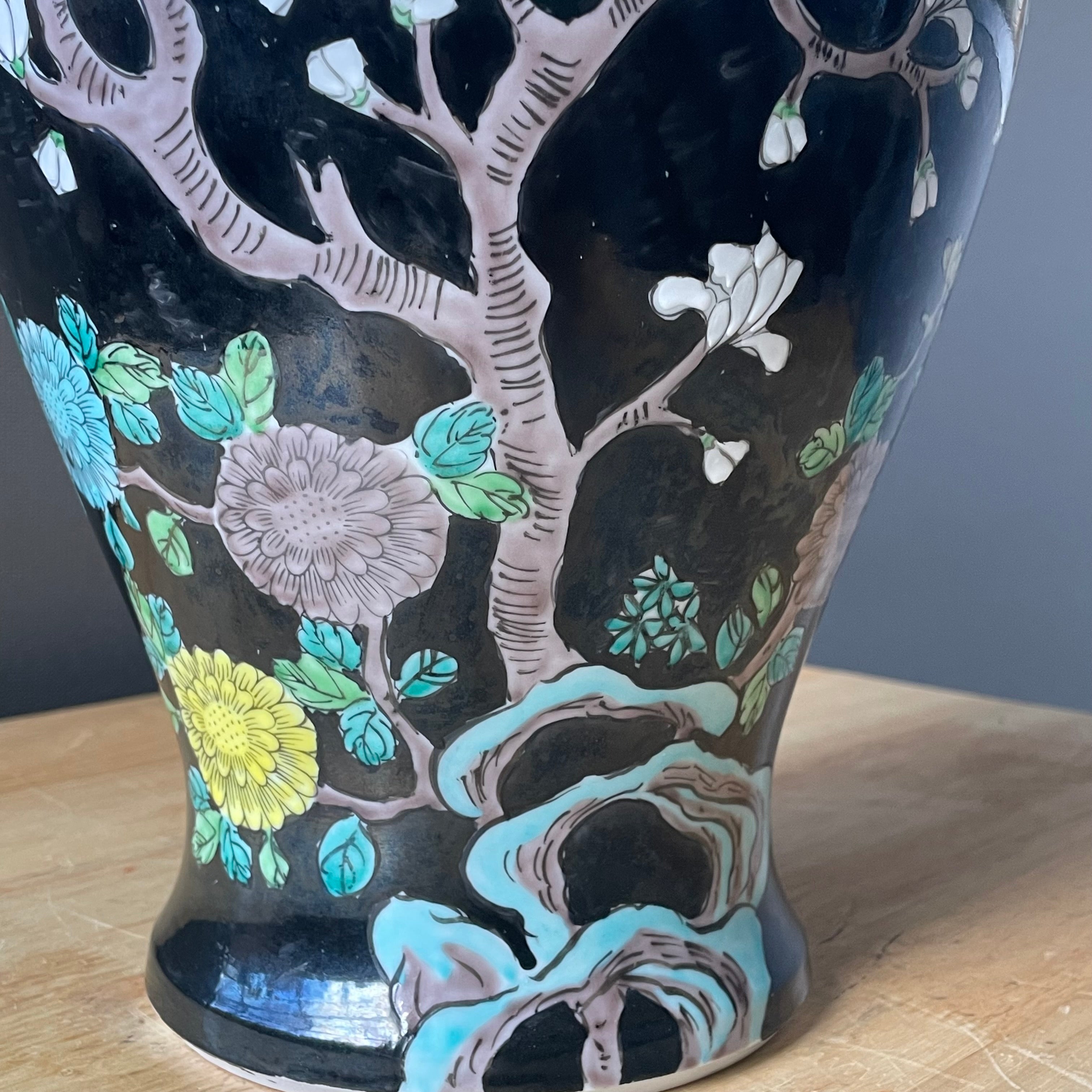 Vintage Japanese Hand Painted Famille Noir with Turquoise & White Accents Temple Jar, 8"x 15"