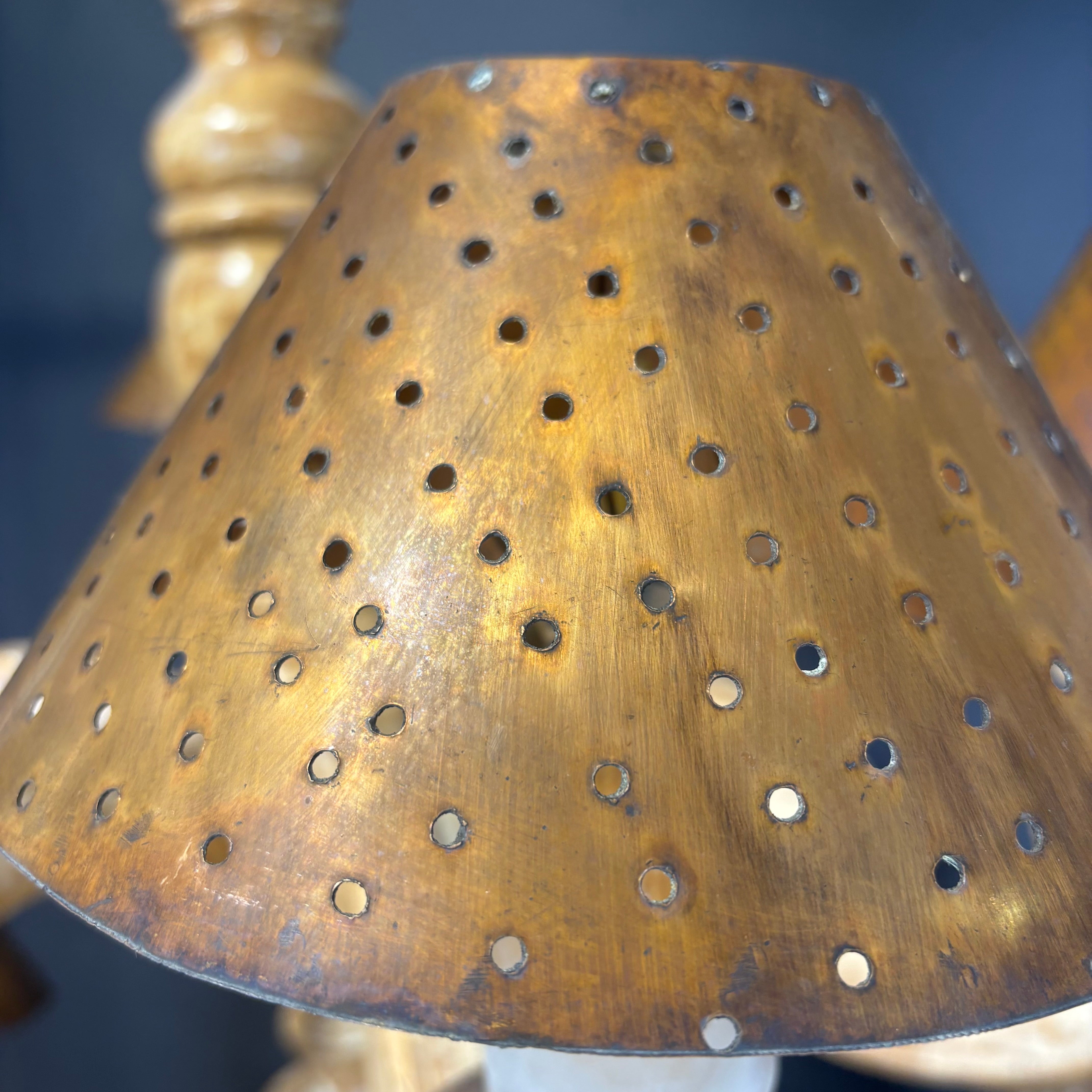 Bruce Eicher 12-Light Tiered French Country Distressed Cream/Gold Wooden with Copper Shades Chandelier 48” Diameter x 65”