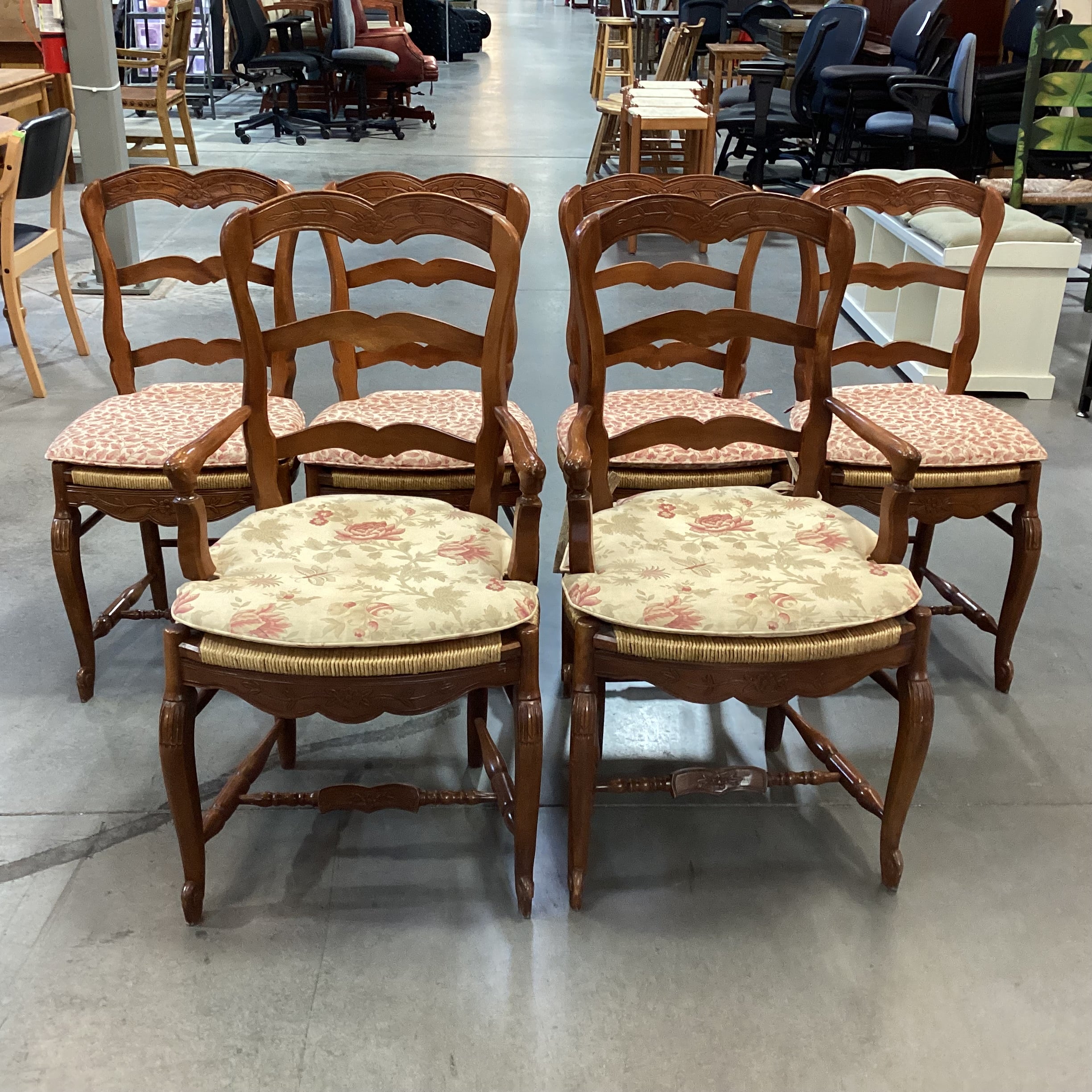Set of 6 Carved Wood with Rush Seat & Floral Seat Cushion Dining Chairs 21"x 21"x 38"