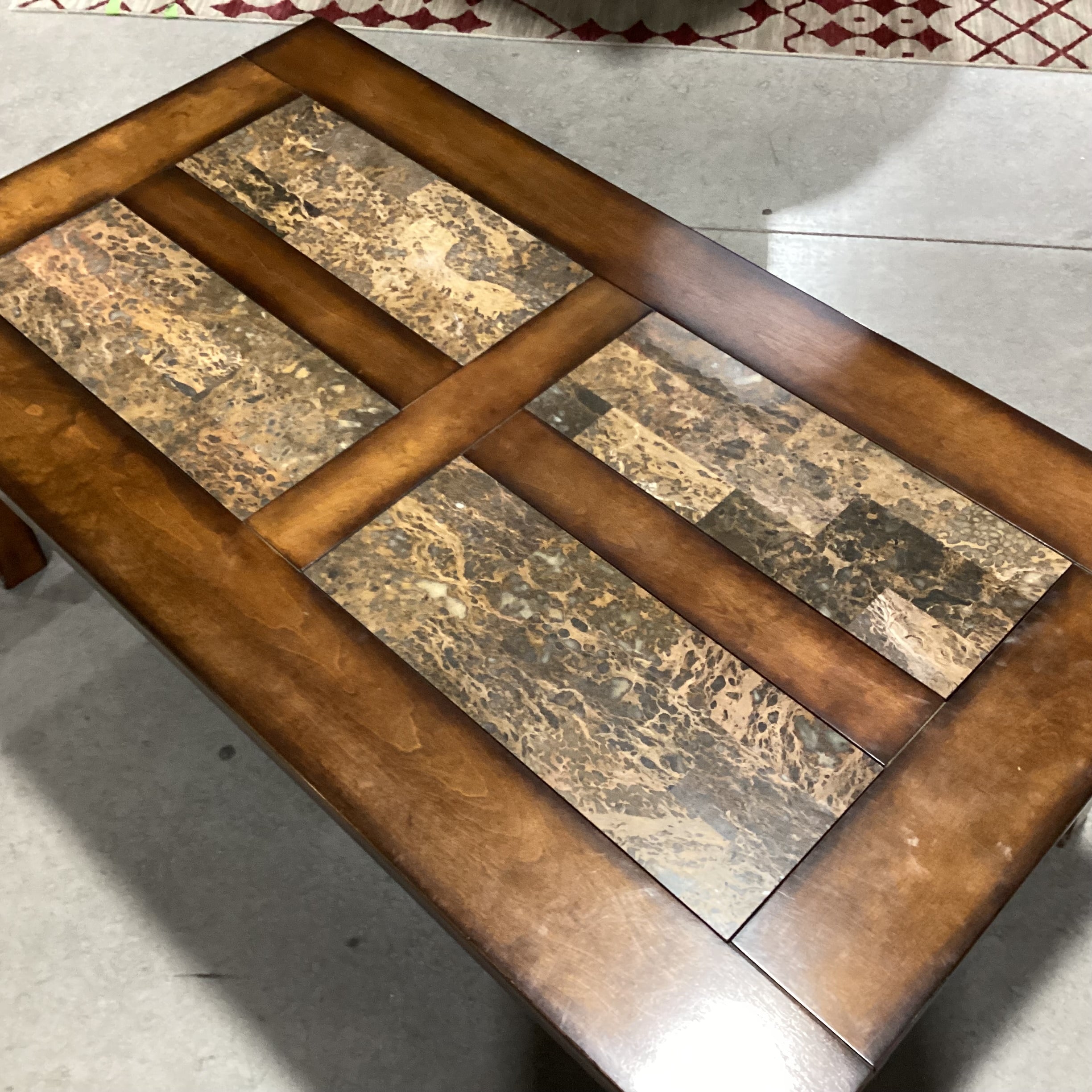 Dark Finish Wood & Faux Stone Coffee Table 50"x 28"x 18.5"
