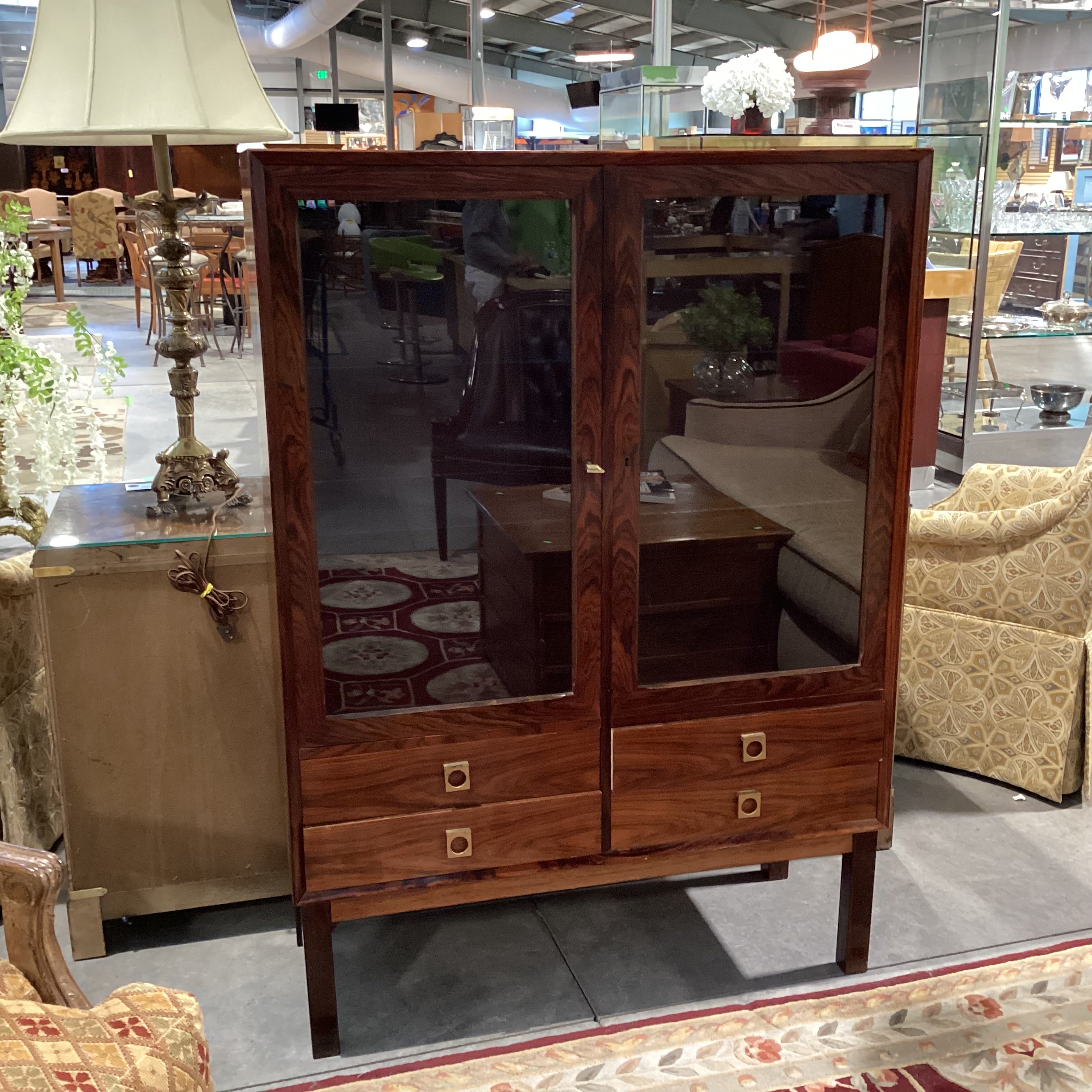 Vintage Danish Mid Century Rosewood & Glass 2 Door with Shelves 4 Drawer Display Cabinet Armoire 39.5"x 16"x 55"