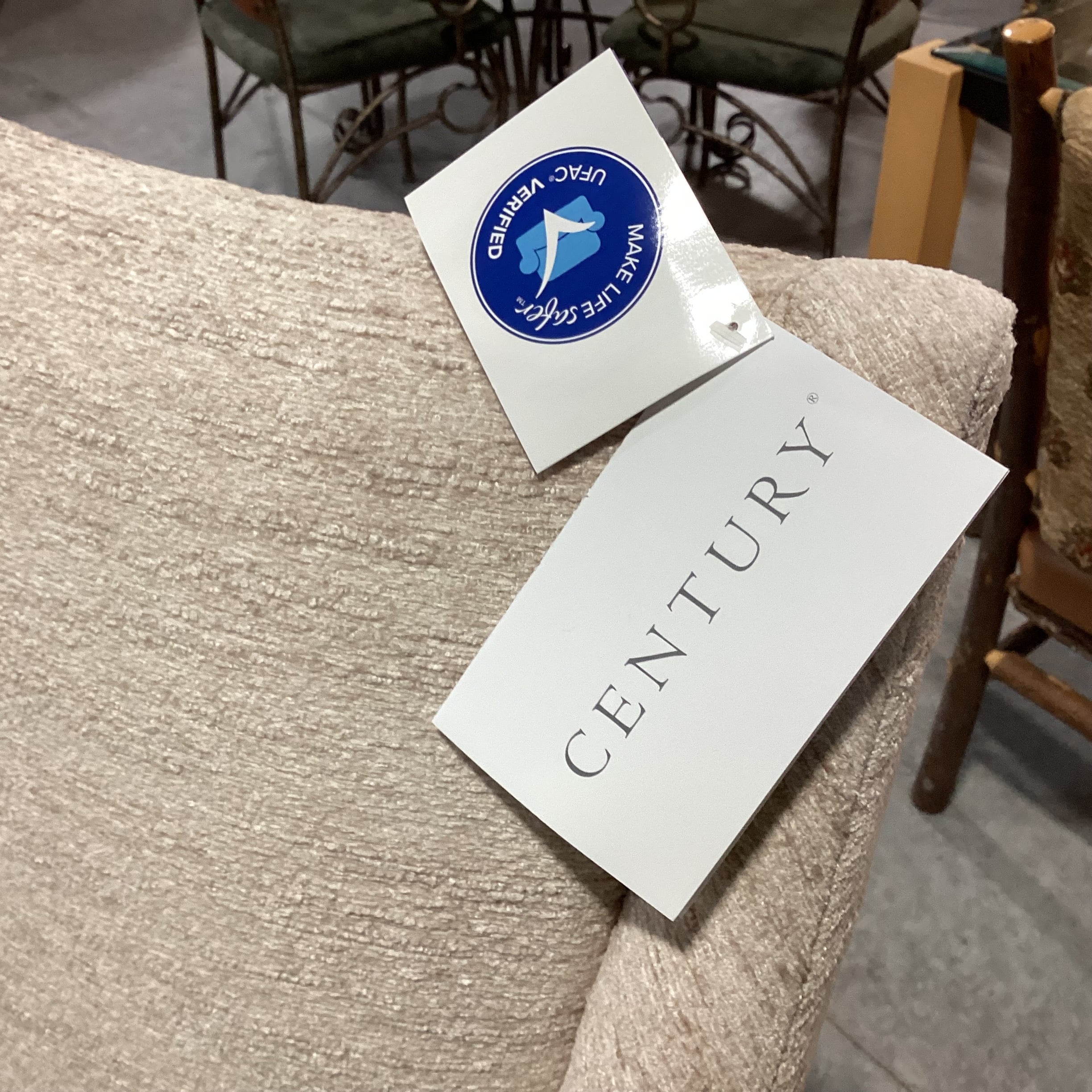 Custom Round Washed Wood & 5 Century Furniture Beige Cream Chenille Woven Slope Arm Chairs Dining Set 60" Diameter x 29"