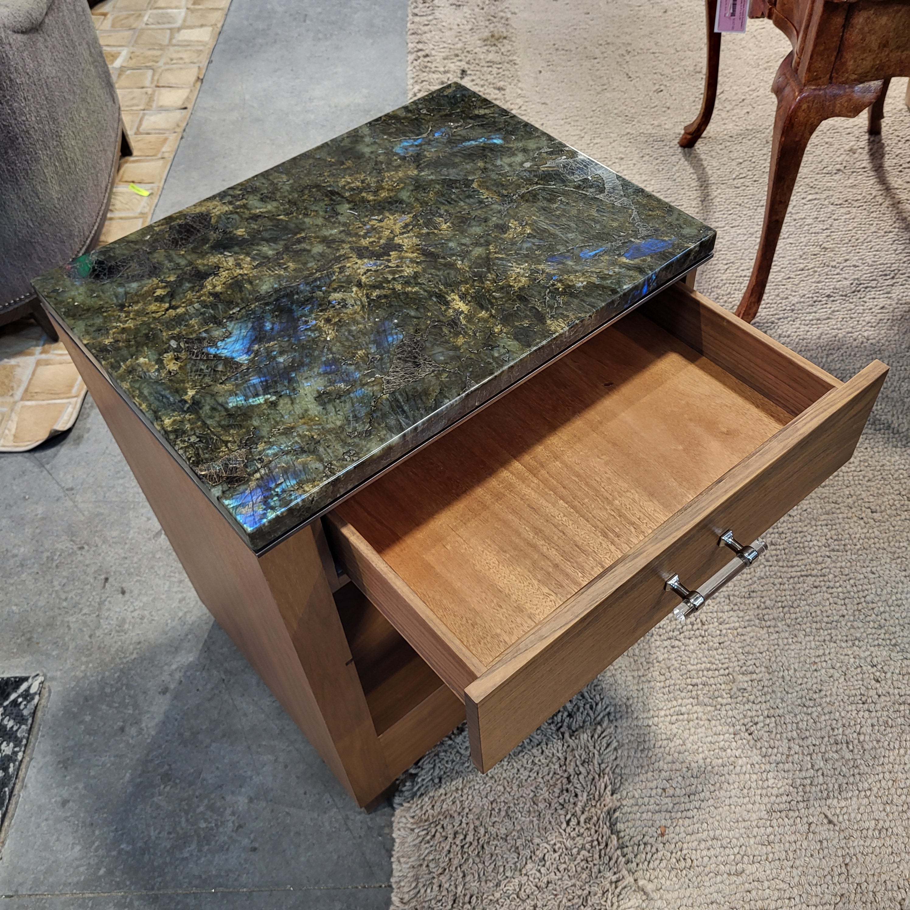 Custom Walnut Soft Close Drawer & Green Black Stone Top Nightstand 24"x 18"x 29"