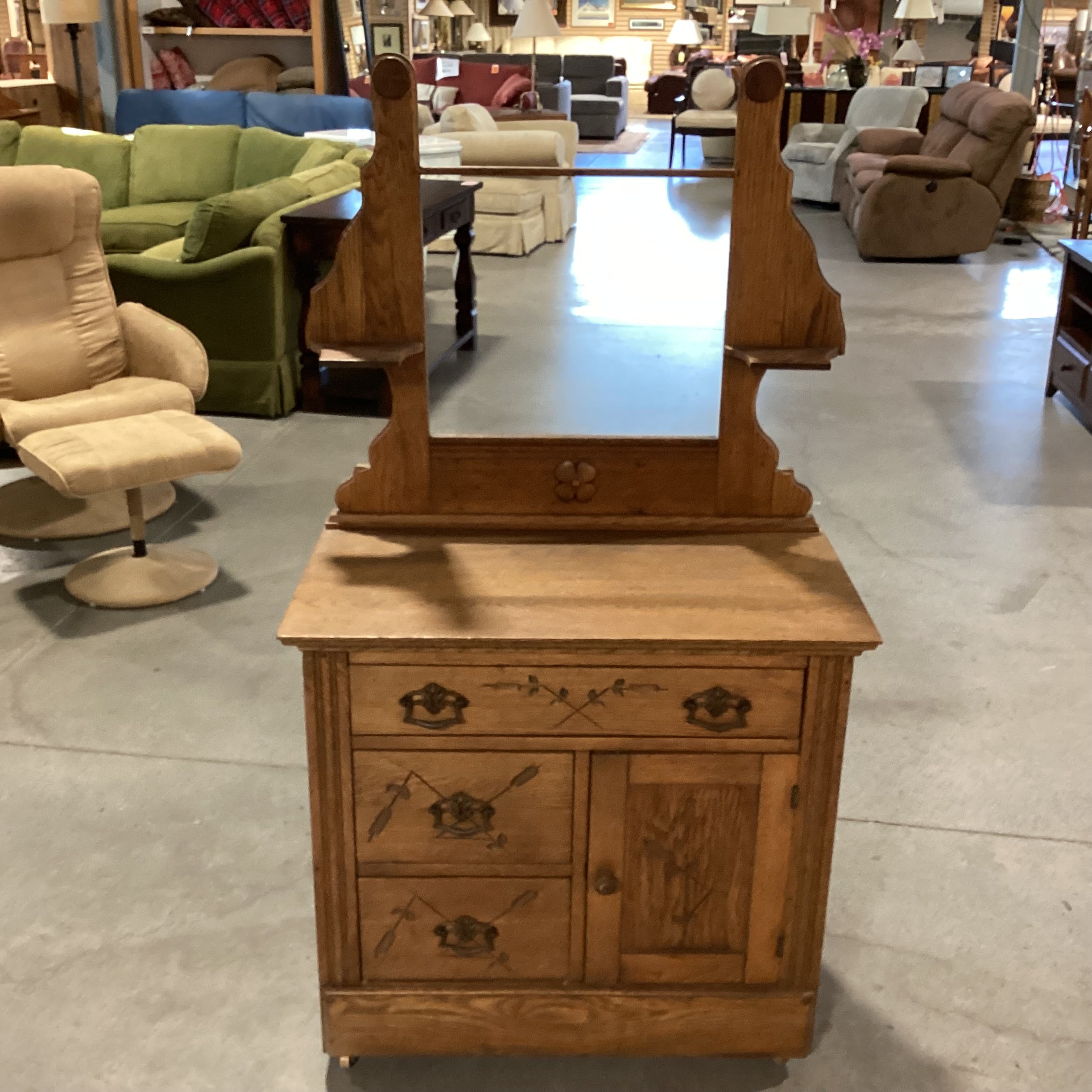 Antique Carved Oak 3 Drawer 1 Door with Towel Rack on Casters Dry Sink Chest 32"x 17"x 56.5"