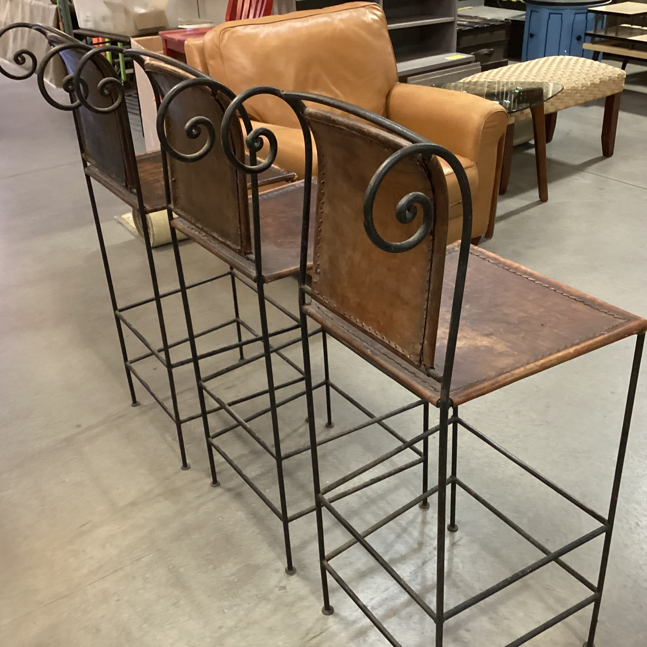 SET of 3 Iron & Distressed Leather Barstools 30.5"