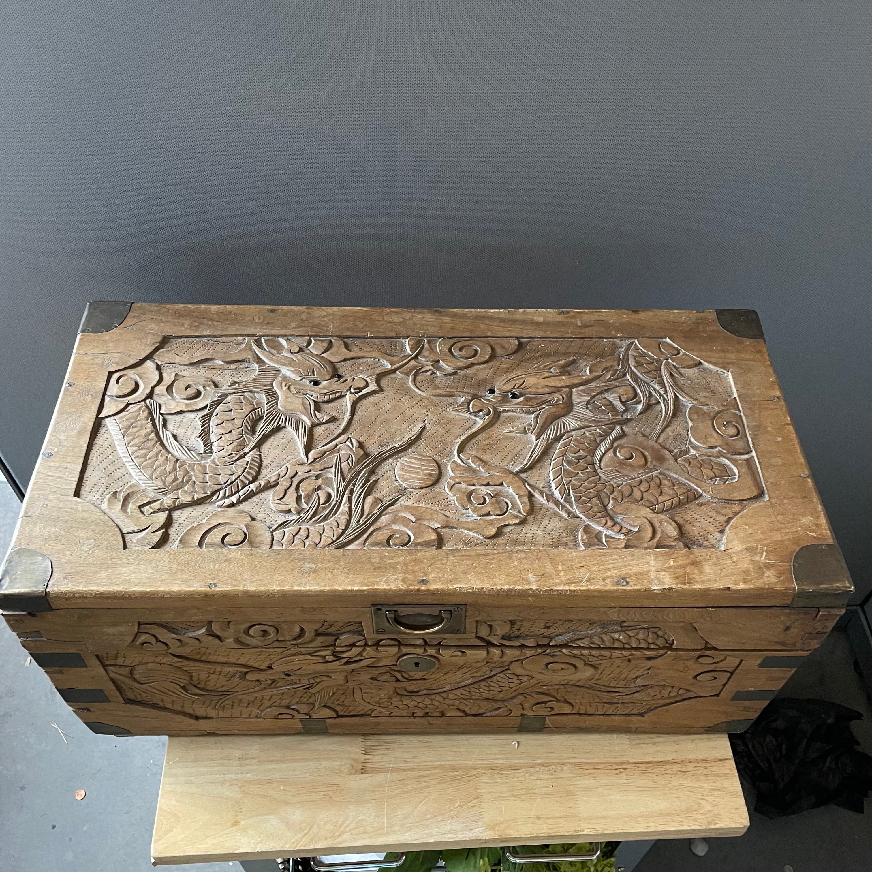 Vintage Carved Dragons Asian Style Rustic Trunk, 27"x 13"x 12"Dragons