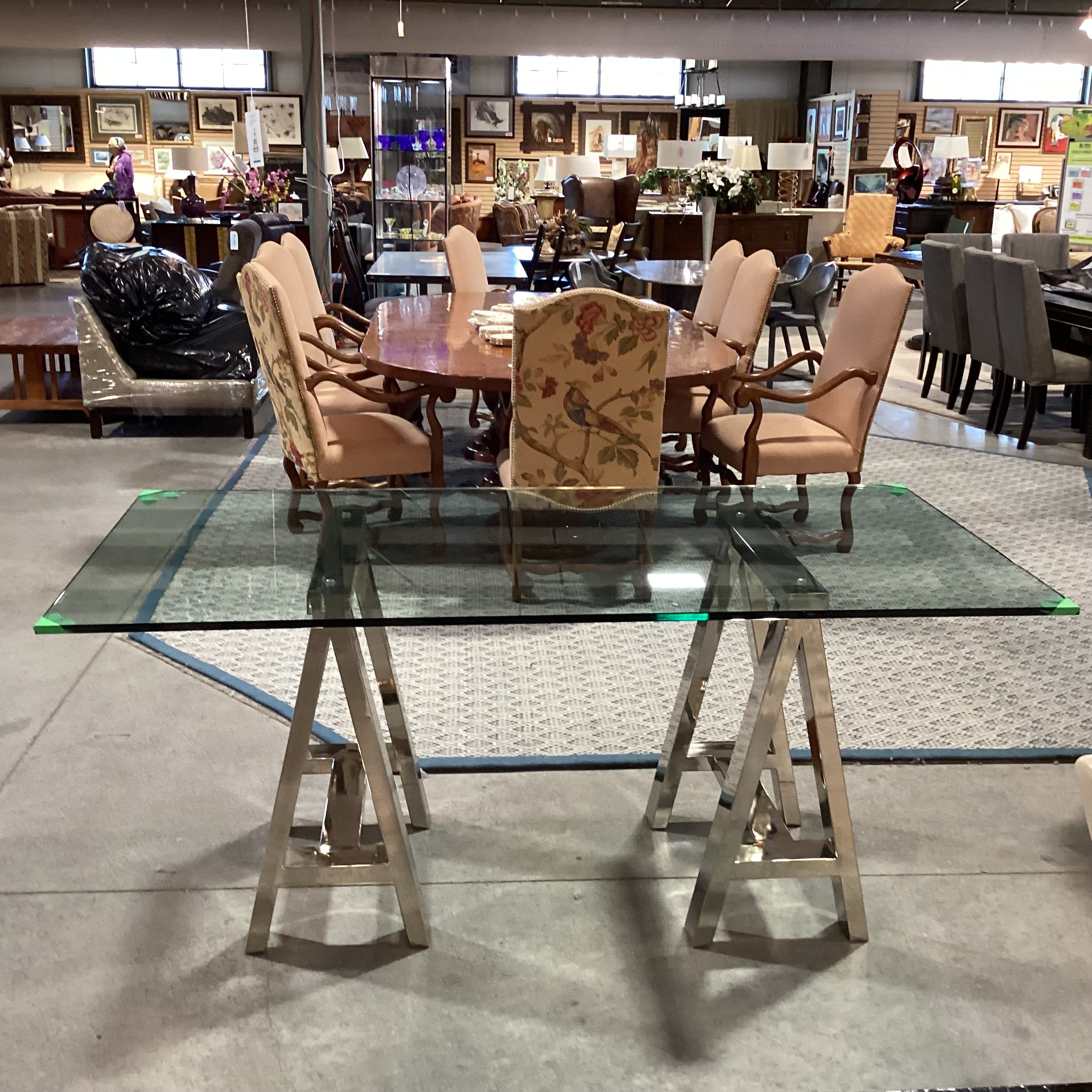 Chrome Sawhorse & Thick Glass Desk Dining Table 72"x 36"x 30.5"
