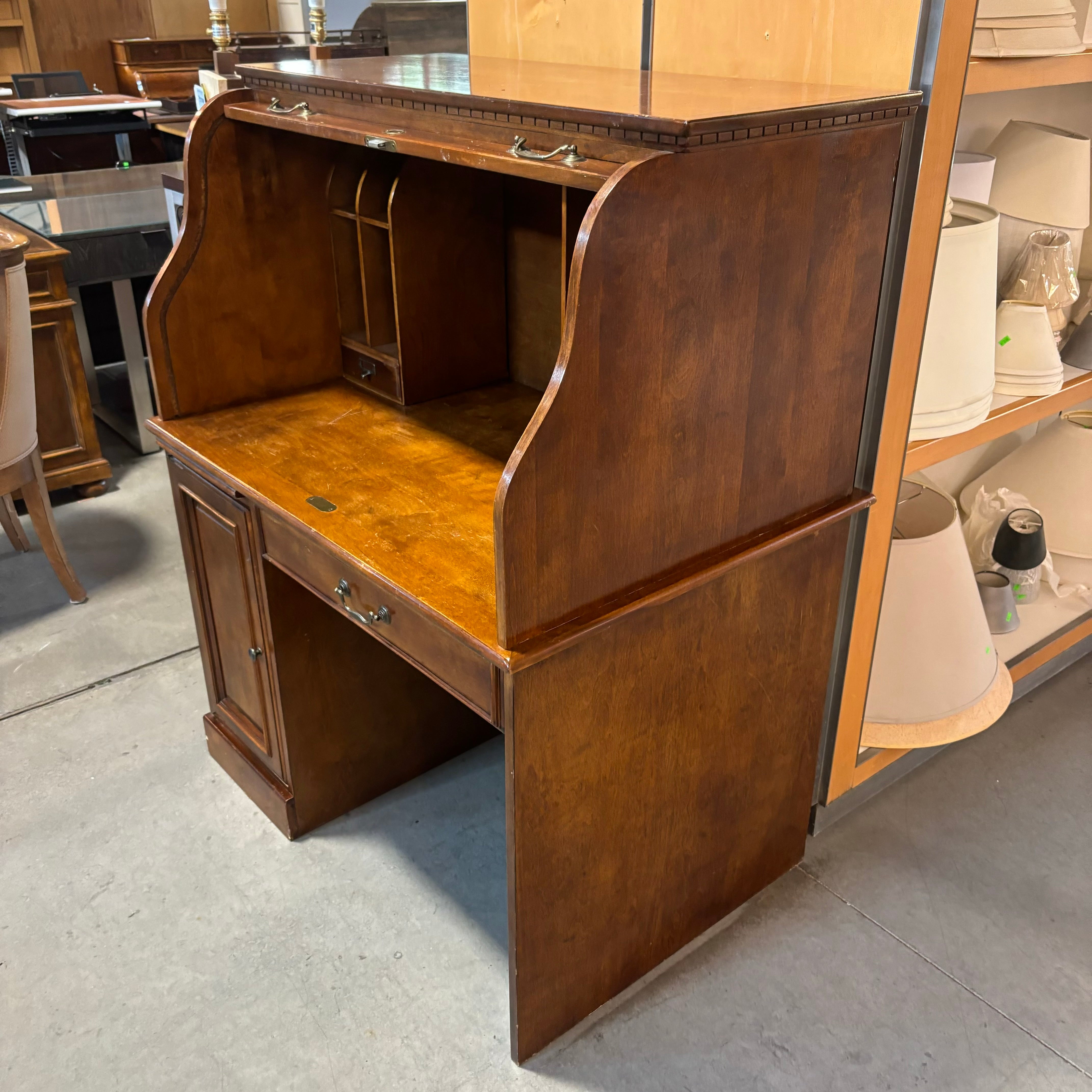 Dark Finish Wood 1 Door 2 Drawer & Pullout Surface Roll Top Desk 42.5"x 29"x 49"