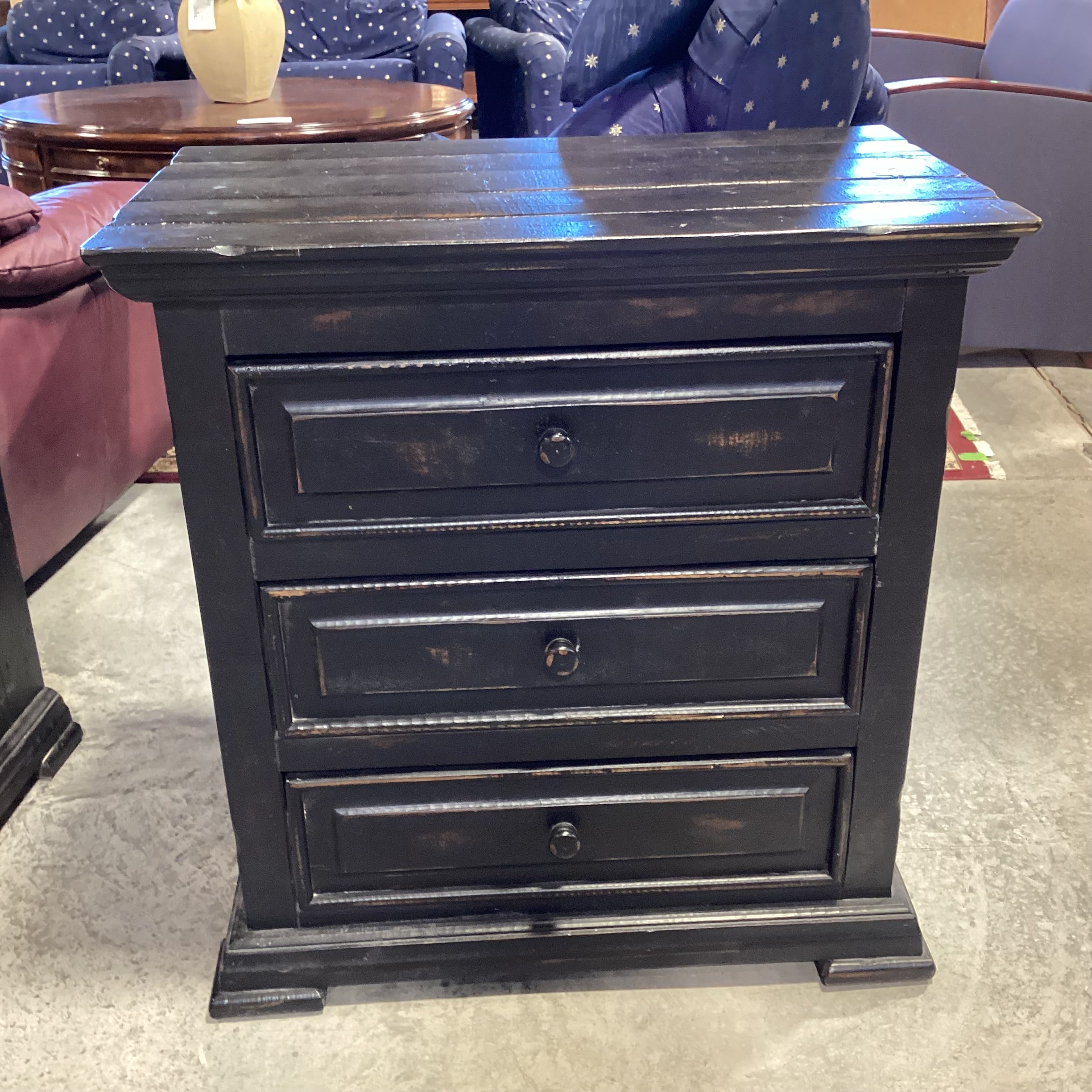Black Distressed Wood 3 Drawer Chest Nightstand