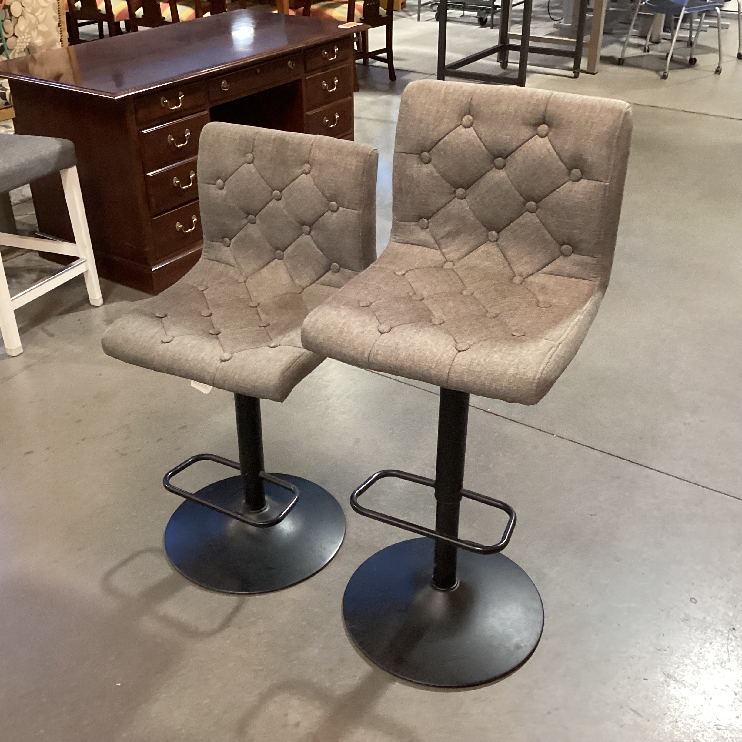 SET of 2 Worldwide Home Furnishings Grey Button Tufted Linen & Black Pedestal Adjustable Height Barstools 25" to 31"