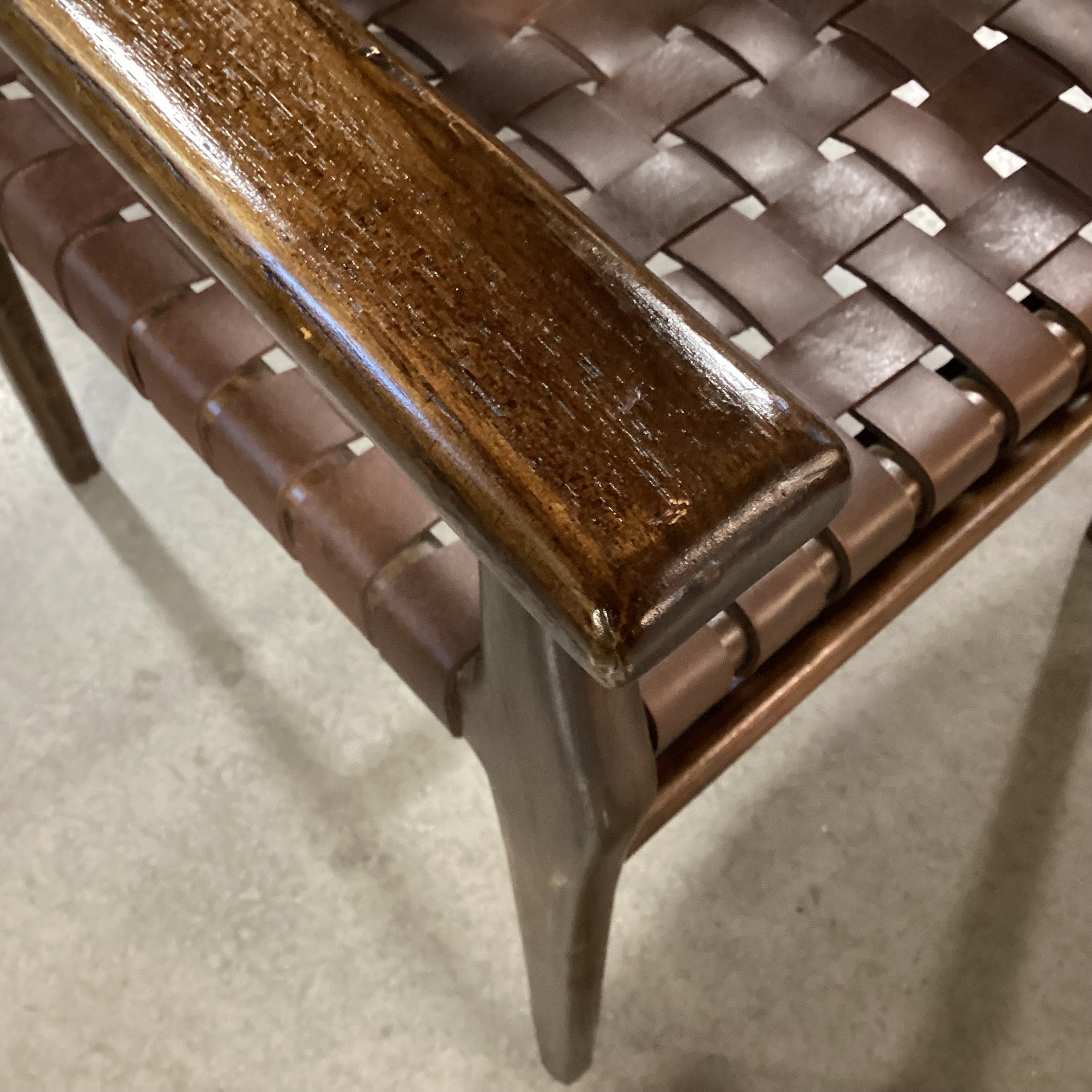 Mid Century Style Dark Finish Wood & Leather Basket Weave Chair 24"x 24"x 34"