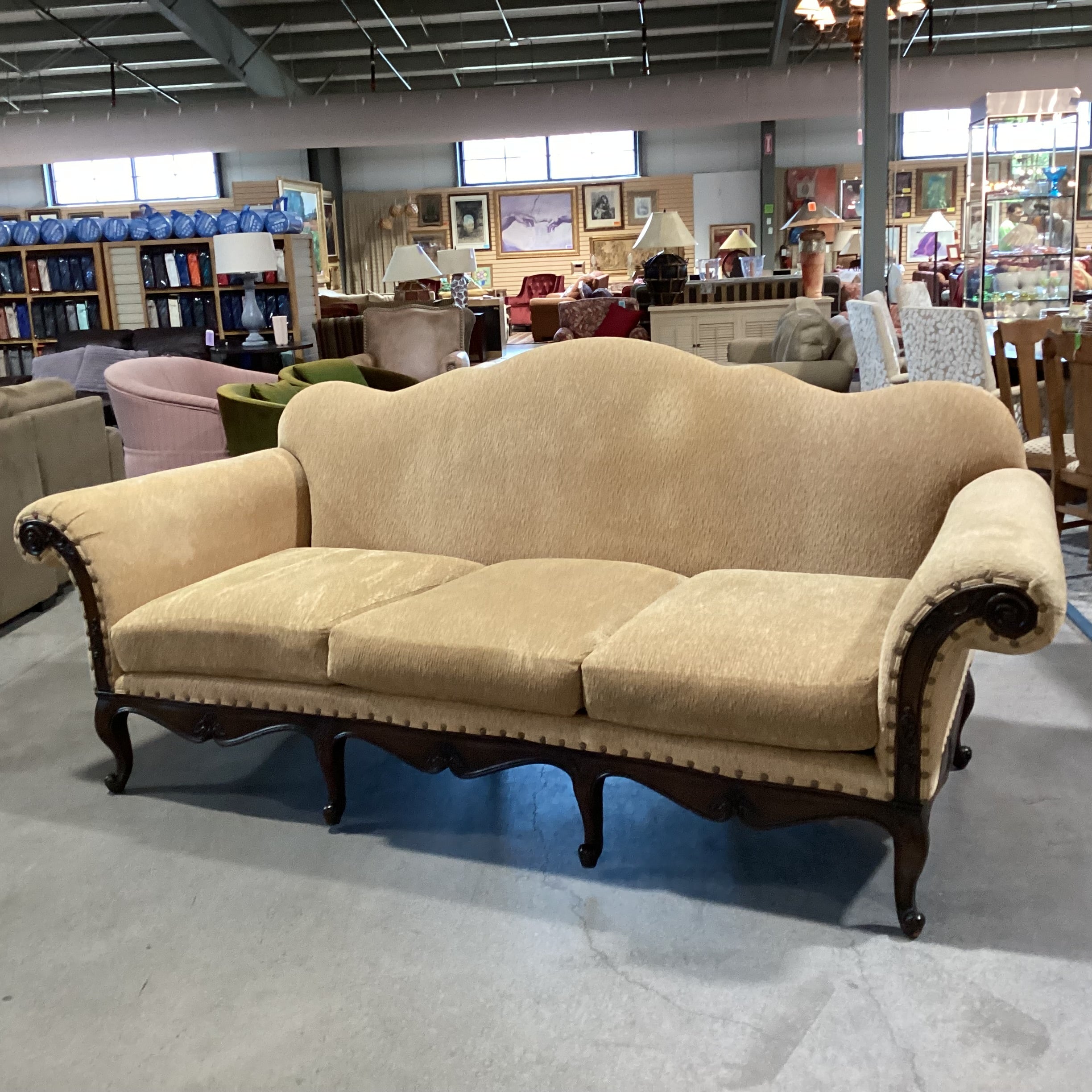 Ralph Lauren St Germain Venetian Gold Chenille Woven Nailhead & Ornate Carved Wood Sofa 103"x 41"x 45"