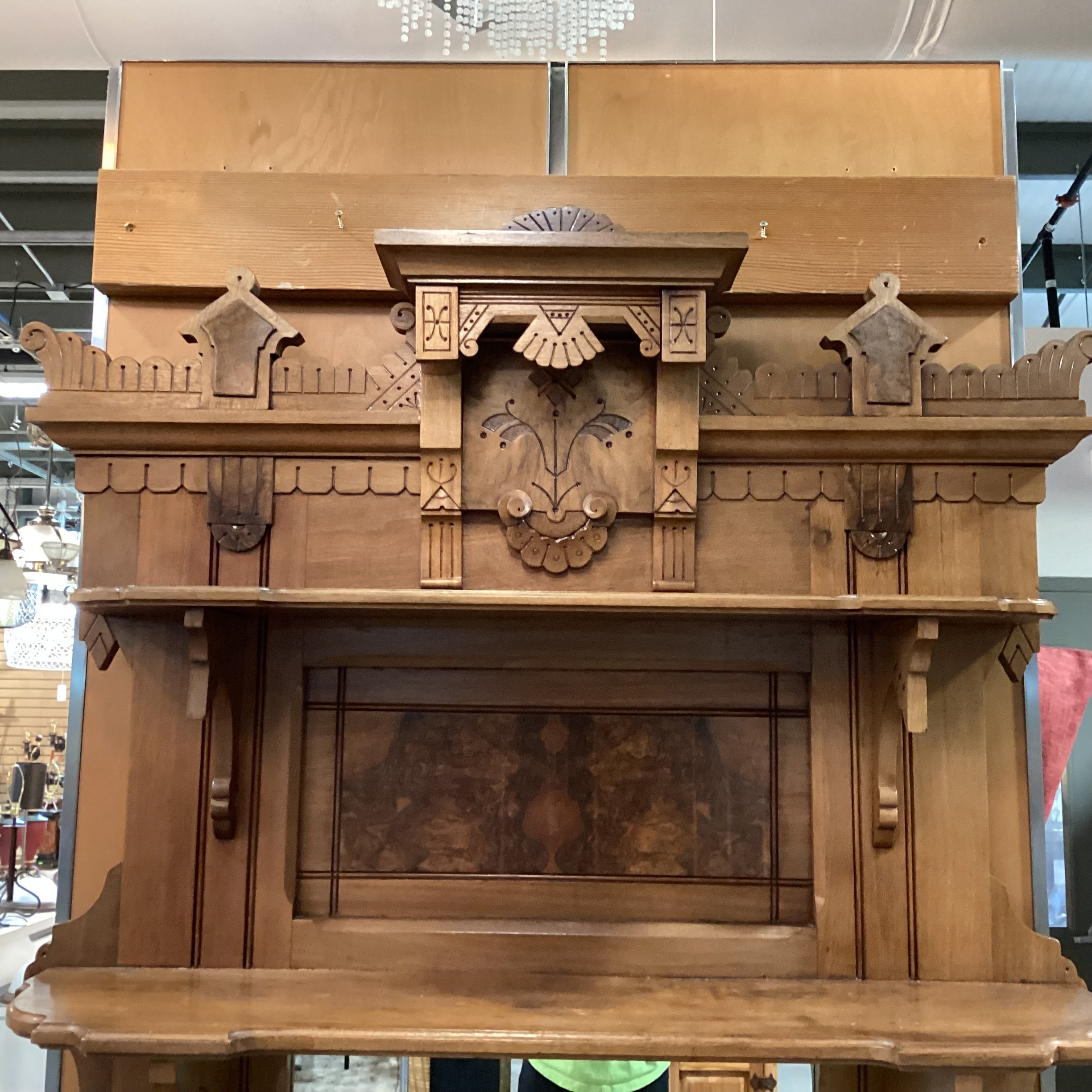 Antique Eastlake Style Carved Wood & Burl Veneer Marble Top with Mirror & Shelves 2 Piece Sideboard 46"x 19"x 85"