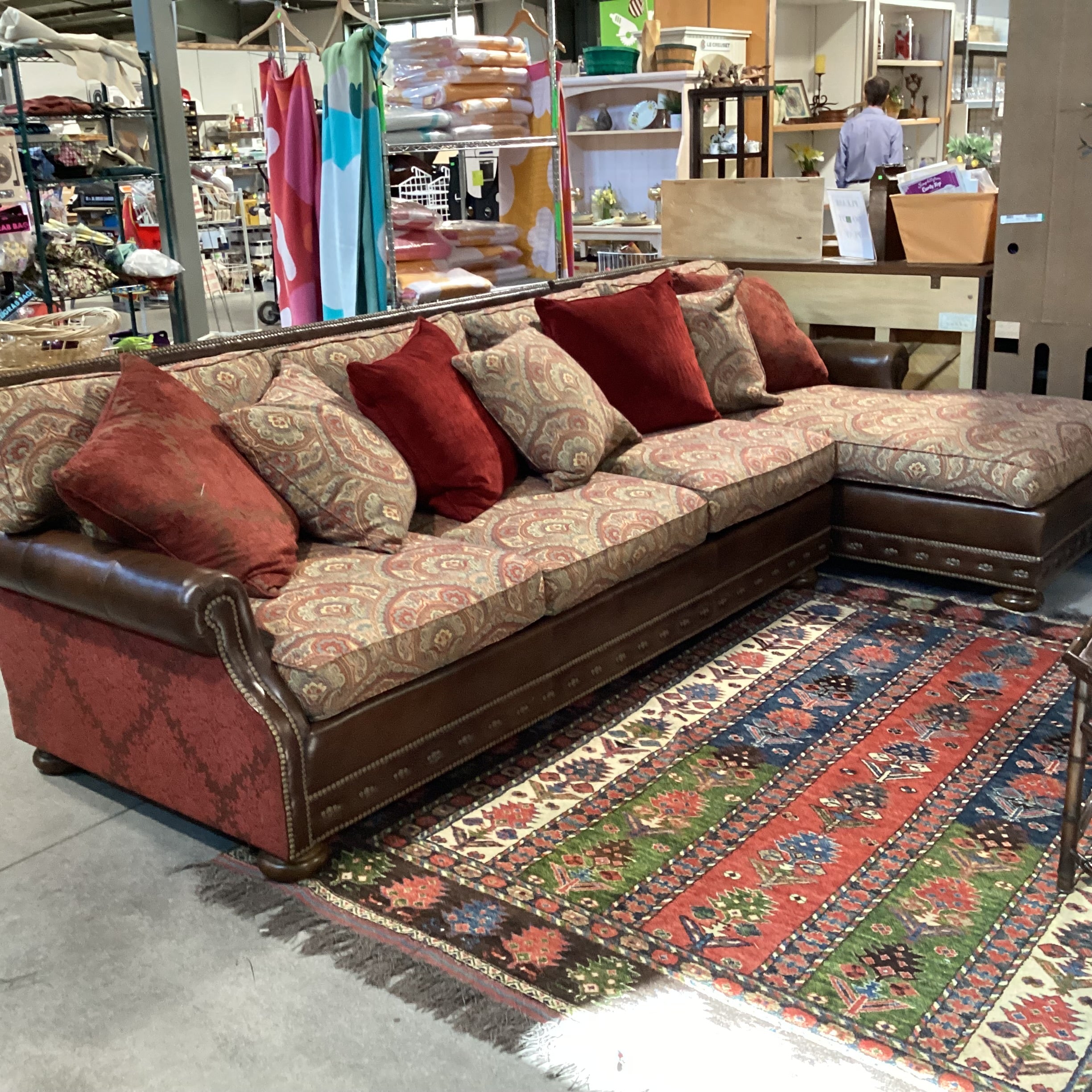 Massoud Luxery Western Leather Nailhead Ornate Floral & Reverse Velvet 2 Piece with Chaise Sectional 130"x 72"x 45"x 38"