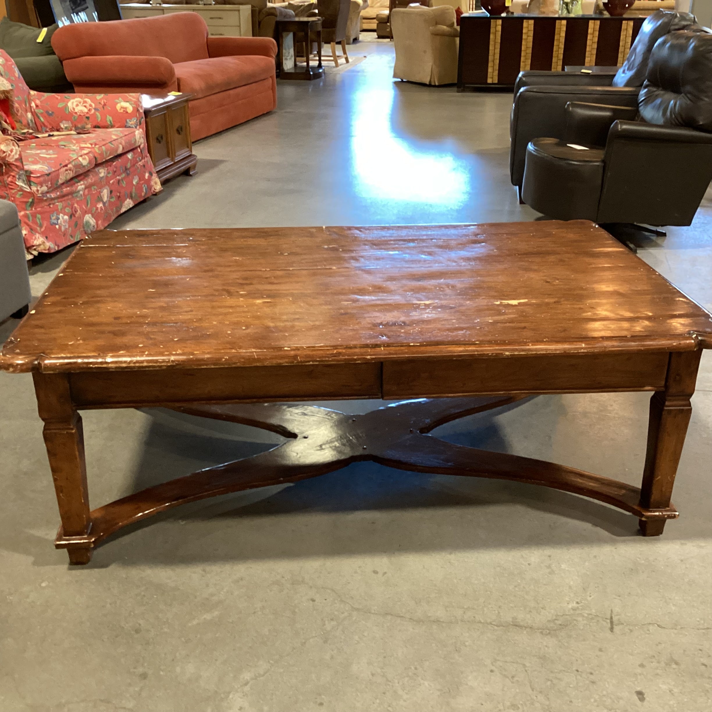 Distressed Finish Ornate Carved Edge & Trestle 2 Drawer Coffee Table 60"x 38"x 22"