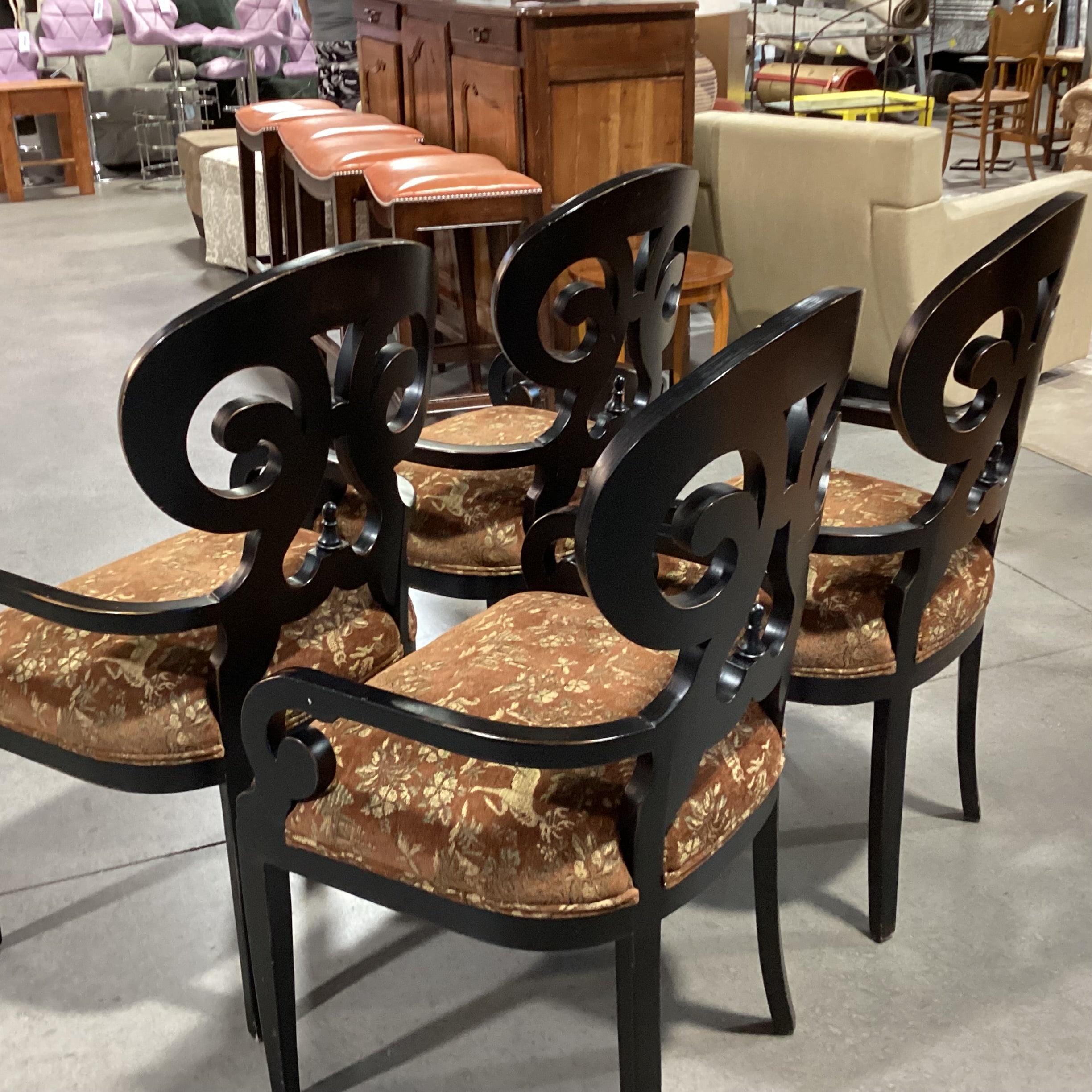 SET of 4 Vanguard Ornate Scroll Antiqued Black Wood & Brown Gold Animal Scene Upholstery Dining Chairs 23"x 23"x 40"