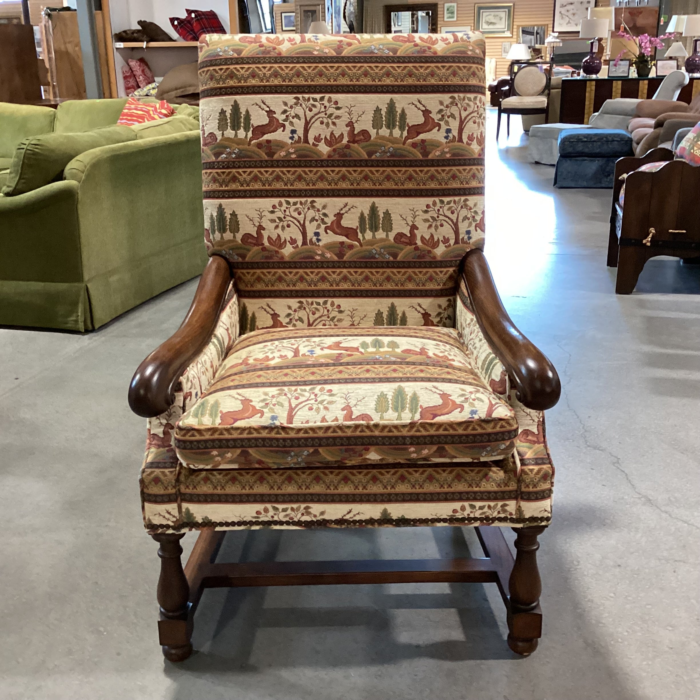 Dindy Foster Interiors Custom Deer Floral Nailhead & Carved Wood Highback Chair 31"x 31"x 47"