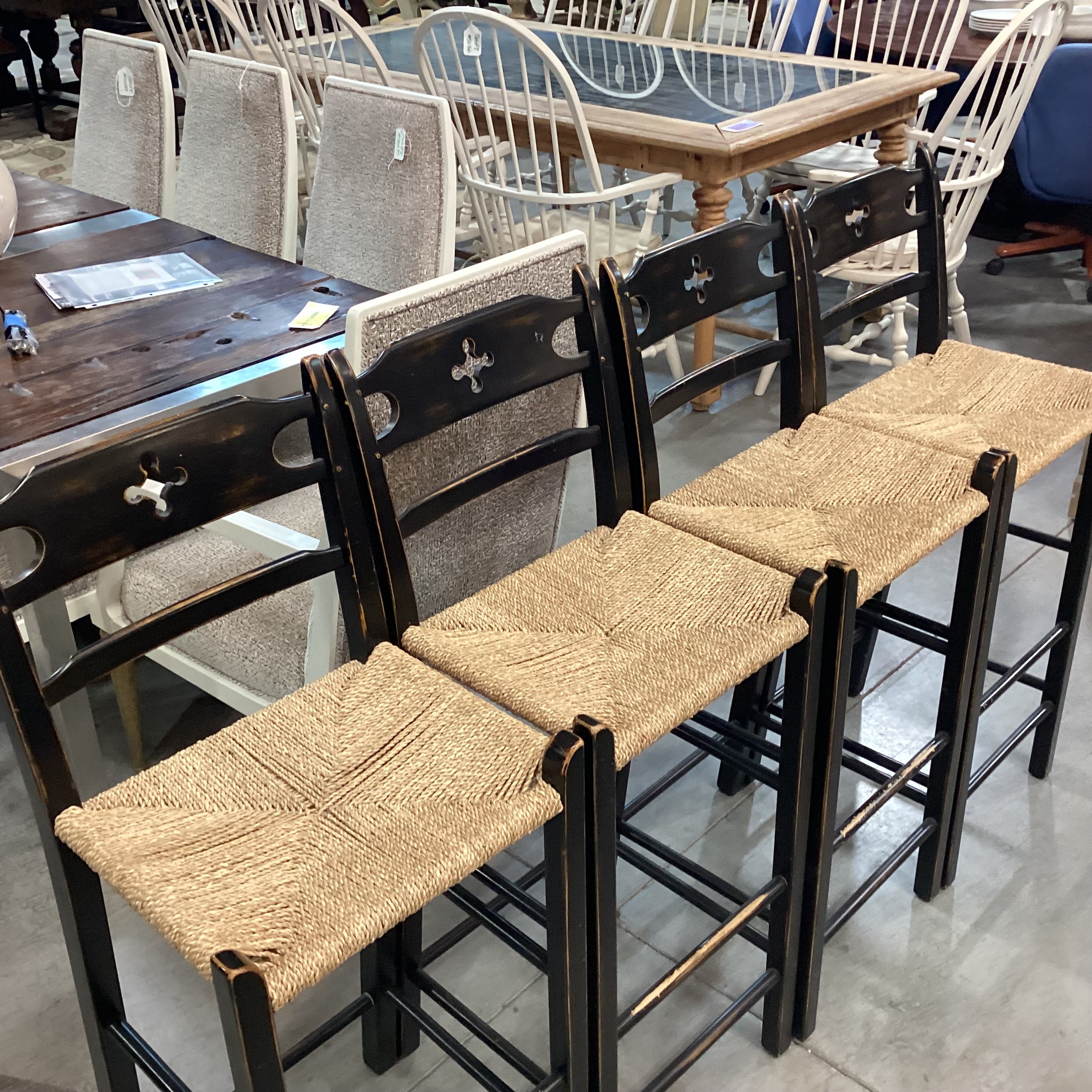 SET of 4 Wolf Diamond Point in Black Hand Sanded Maple Woven Seagrass Seat Barstools 30"
