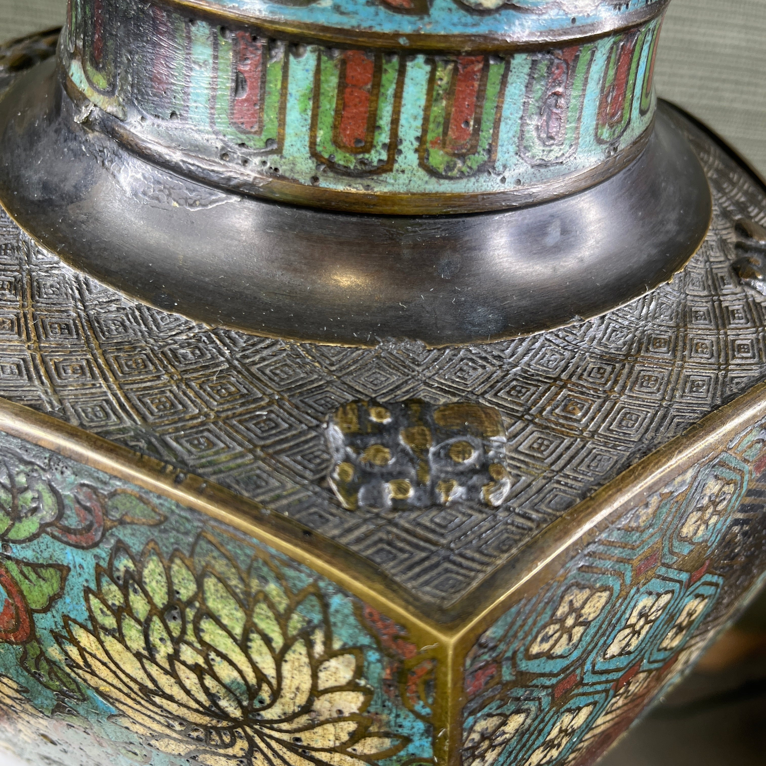 19th Century Multi Colored Cloisonne Enamel Patina Bronze Oriental Vase Table Lamp 9" Diameter x 21"