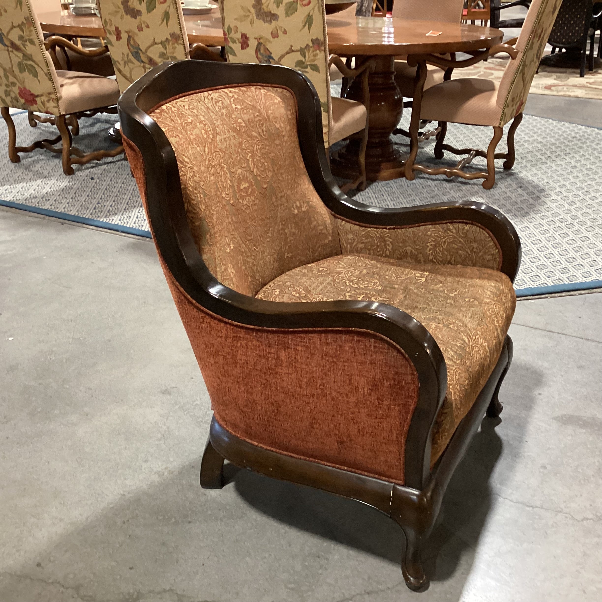 Vintage Carved Wood & Ornate Brown Burnt Orange Gold Upholstery with Raised Velvet Back Chair 29"x 31"x 38.5"