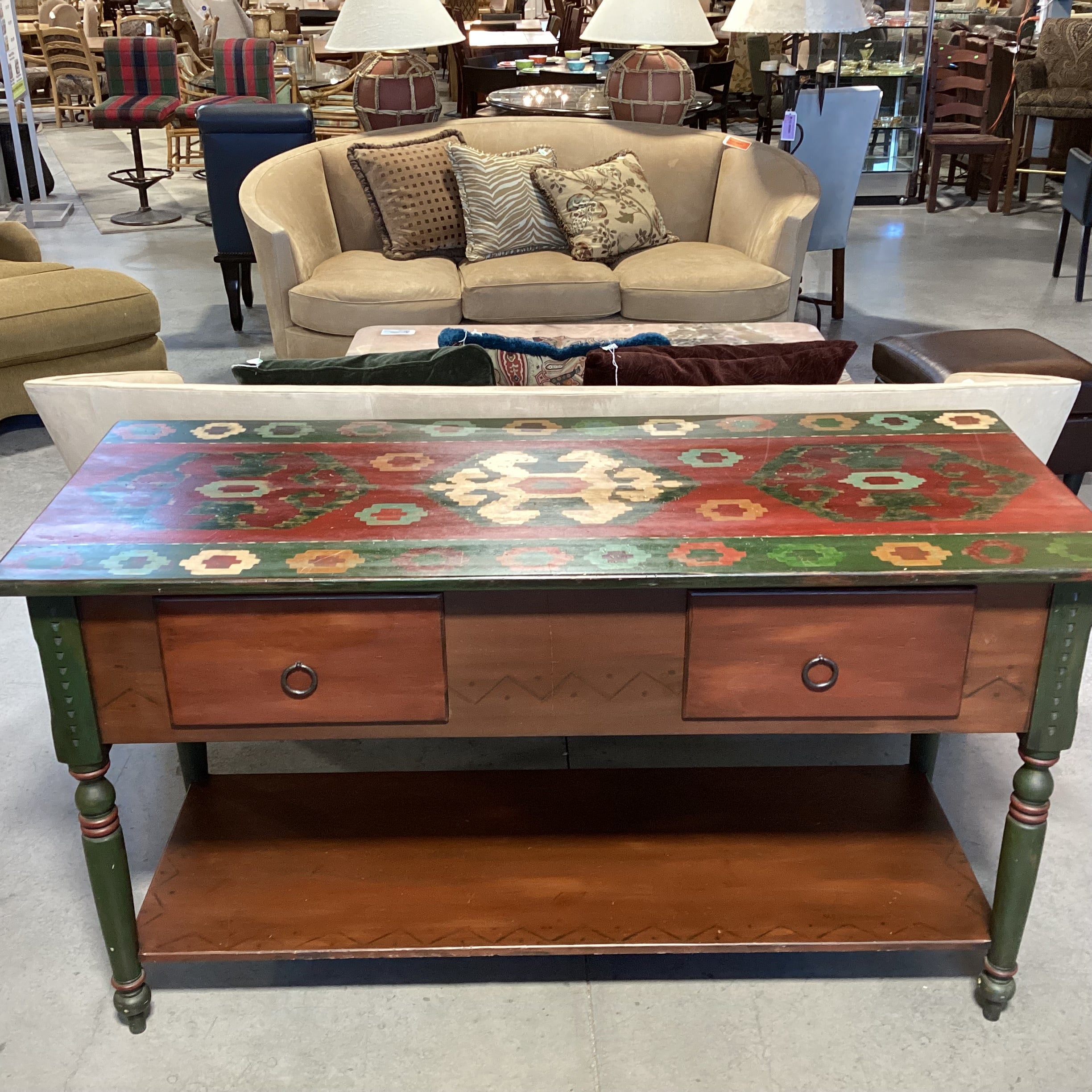Red & Green Southwest Hand Painted Carved Wood 2 Drawer & Bottom Shelf Console 65"x 27"x 36"