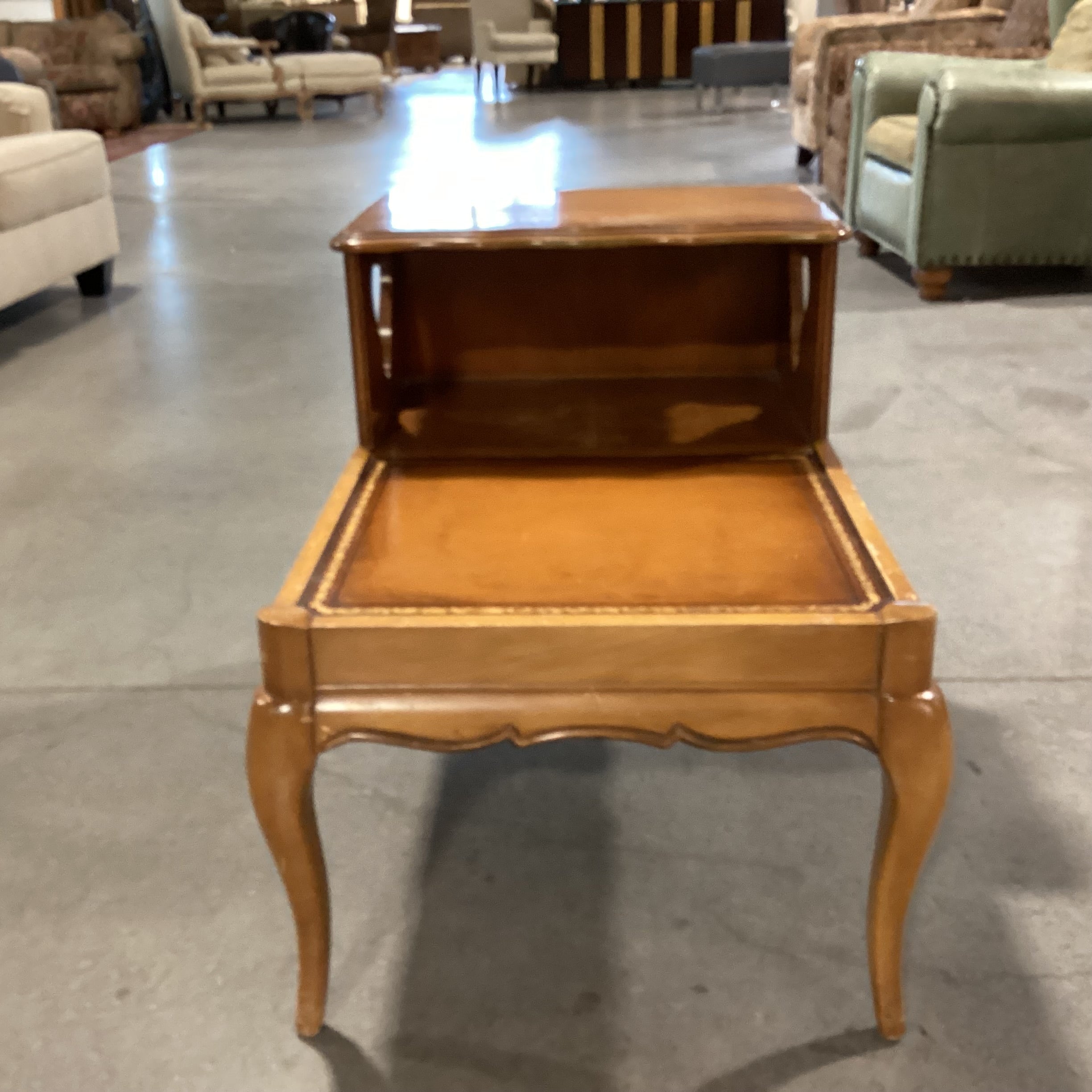 Mid Century Carved Wood & Leather Top with Cubby End Table21"x 32"x 24.5"