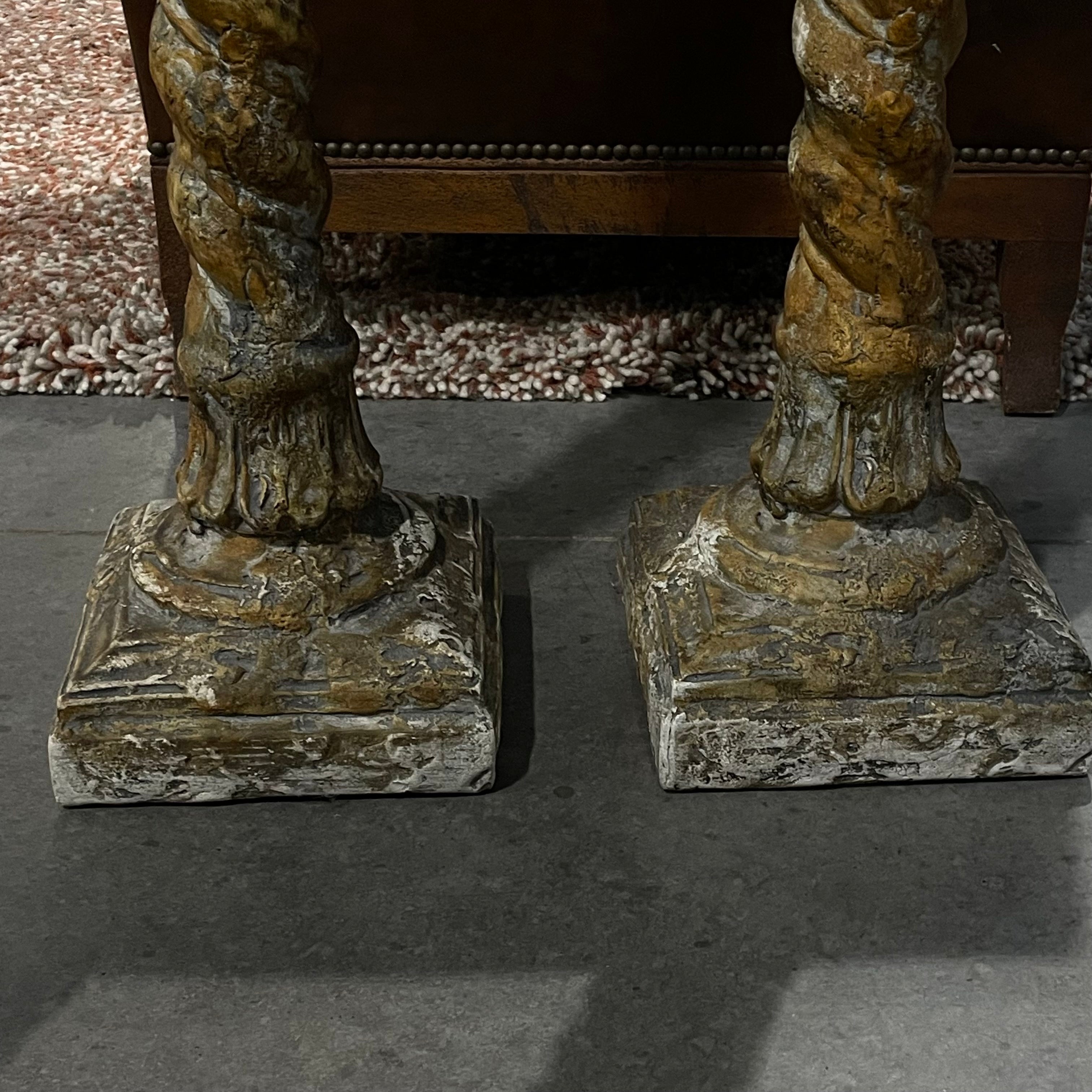 Vintage Original Signed Attila Tivadar Reproduction Cast Stone Composite Neoclassical Barley Twist Candle Holders, Pair