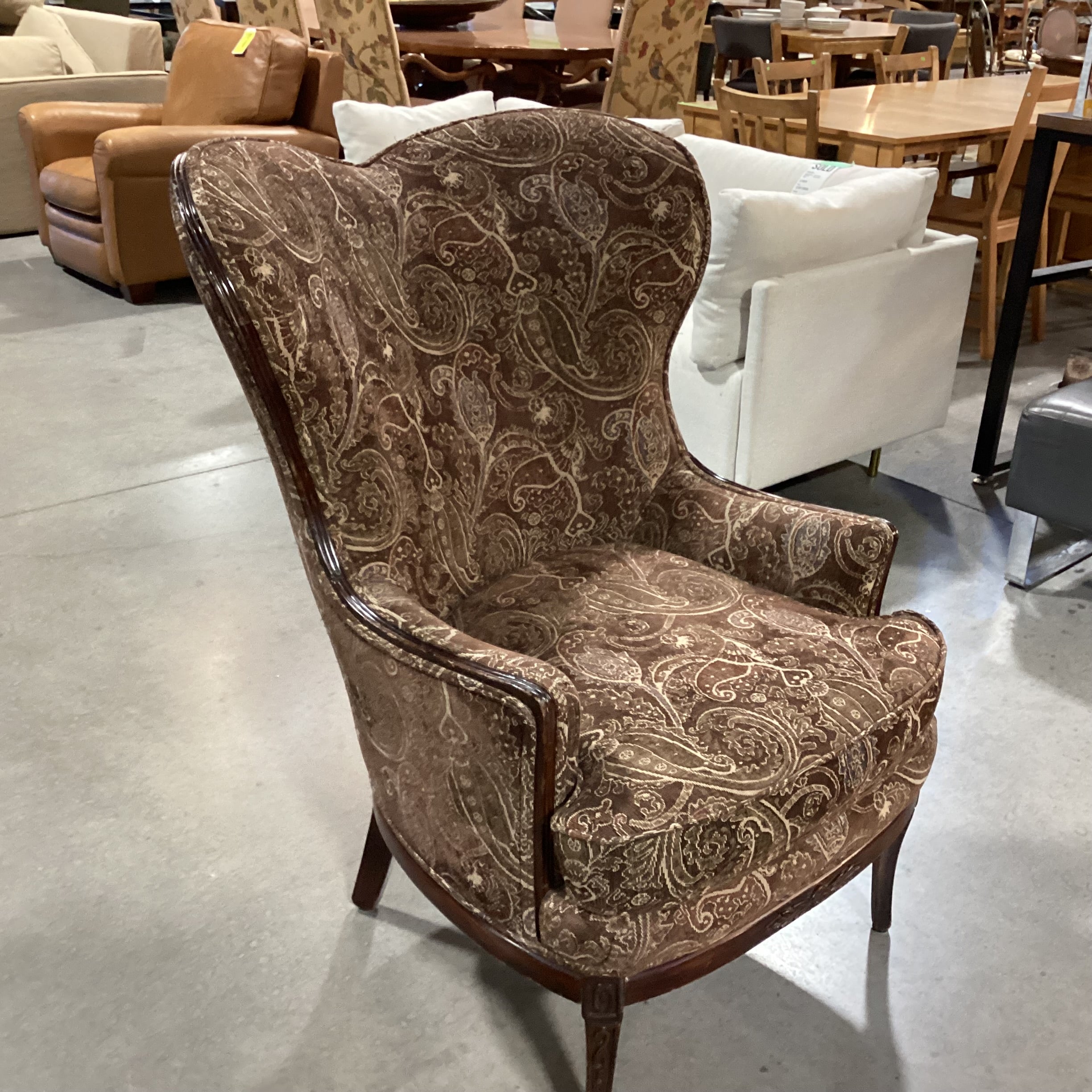 Vintage Brown Tones Paisley & Carved Wood Wing Chair 26"x 36"x 43"