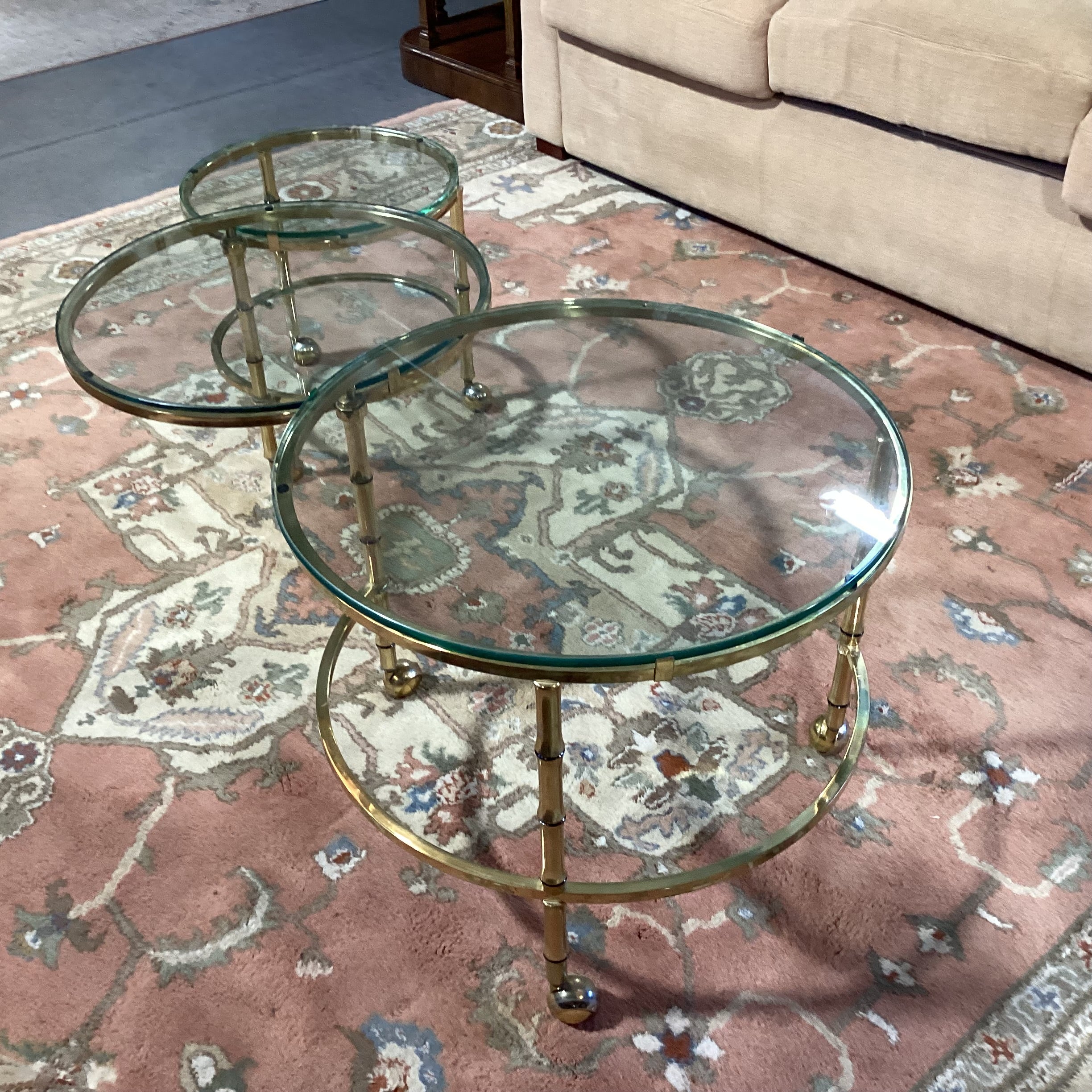 Vintage Mid Century Brass Bamboo Style & Glass Rounds on Casters Fold in Expandable Coffee Table 25" to 56"x 22"x 18"