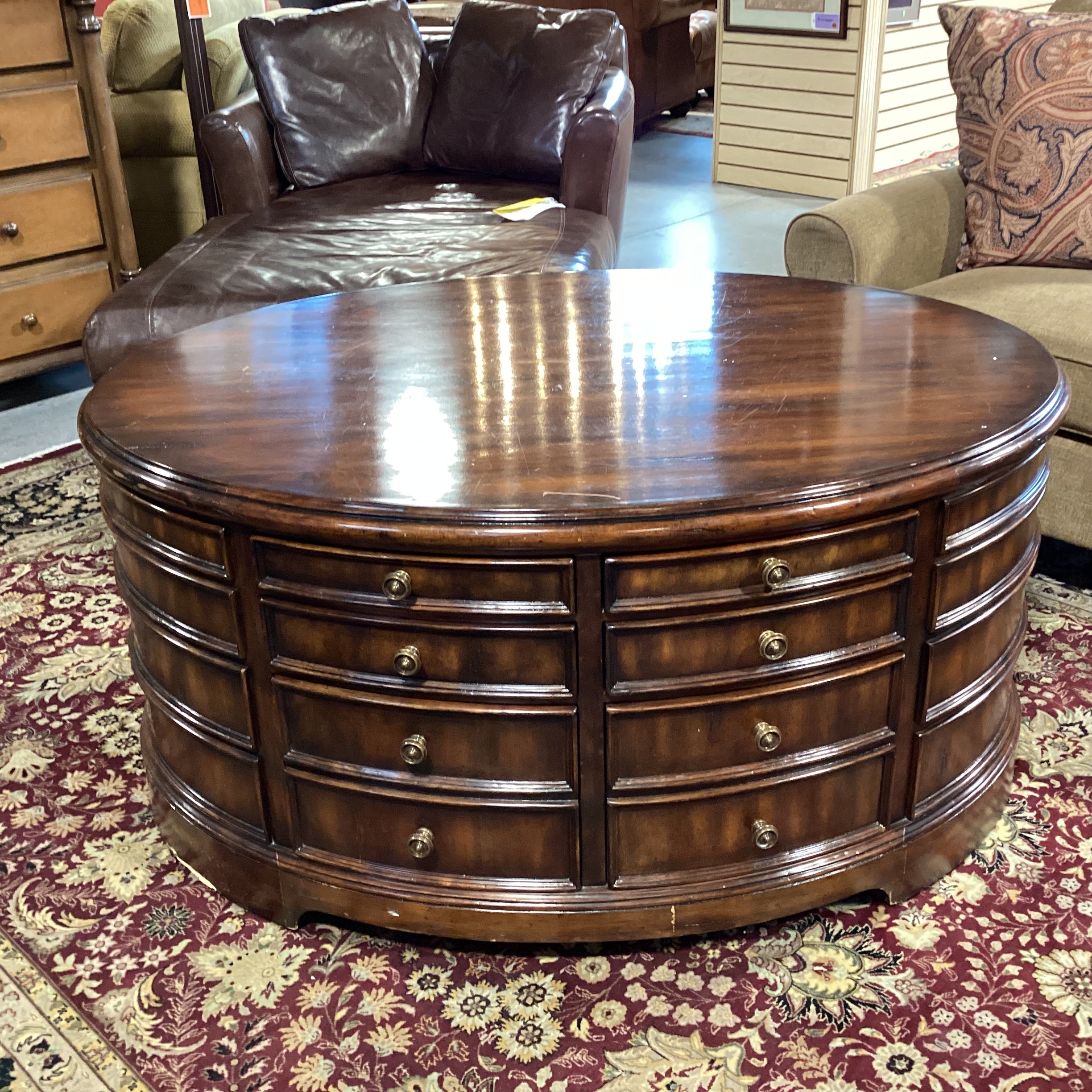 Theodore Alexander Style Oval Dark Finish 10 Drawer Coffee Table 48"x 36"x 23"