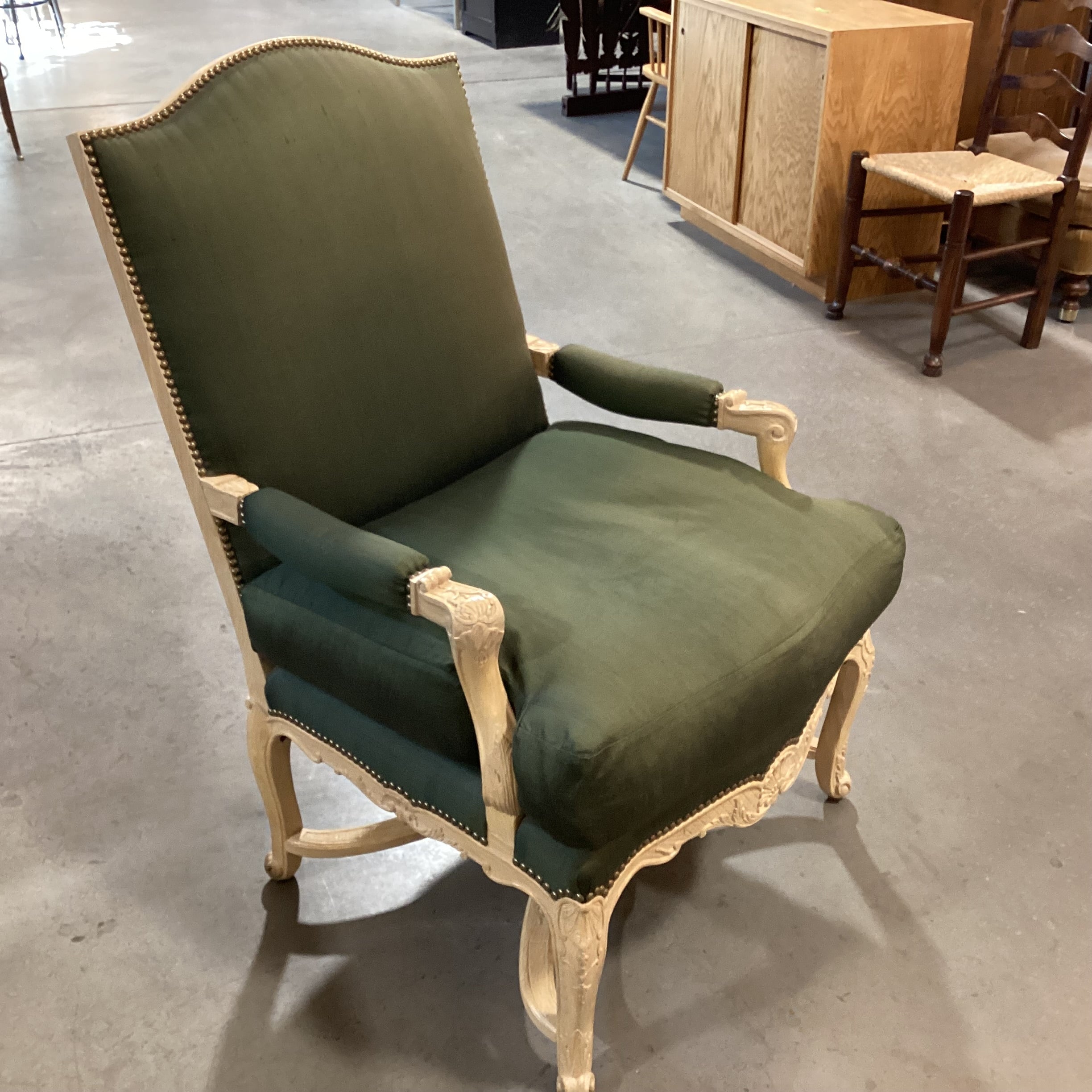 Carved Washed Wood & Green Raw Silk Down Chair 29"x 25"x 42"