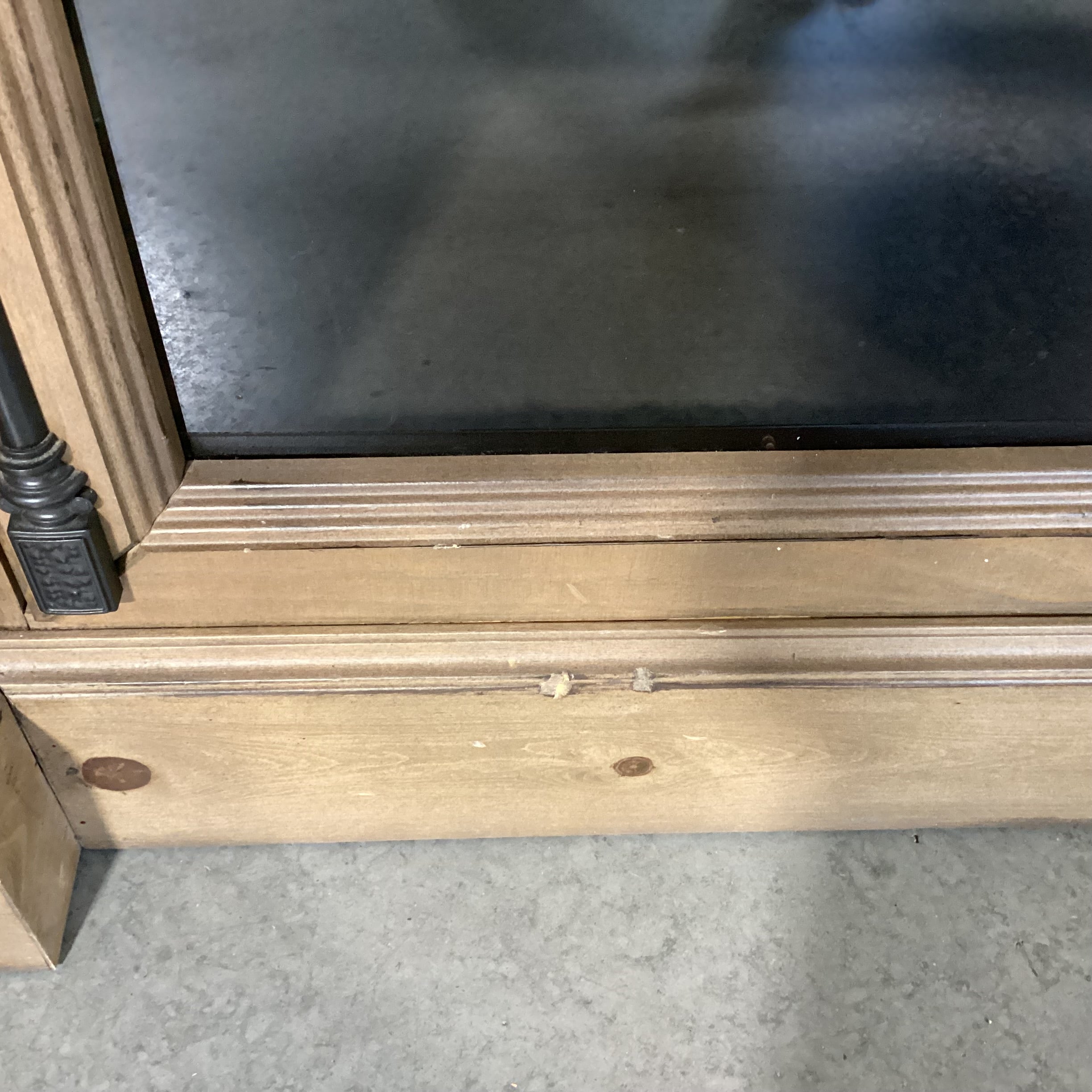Light Greige Distressed Pine 2 Glass Door with Shelves Console Credenza 74"x 20"x 32.5"