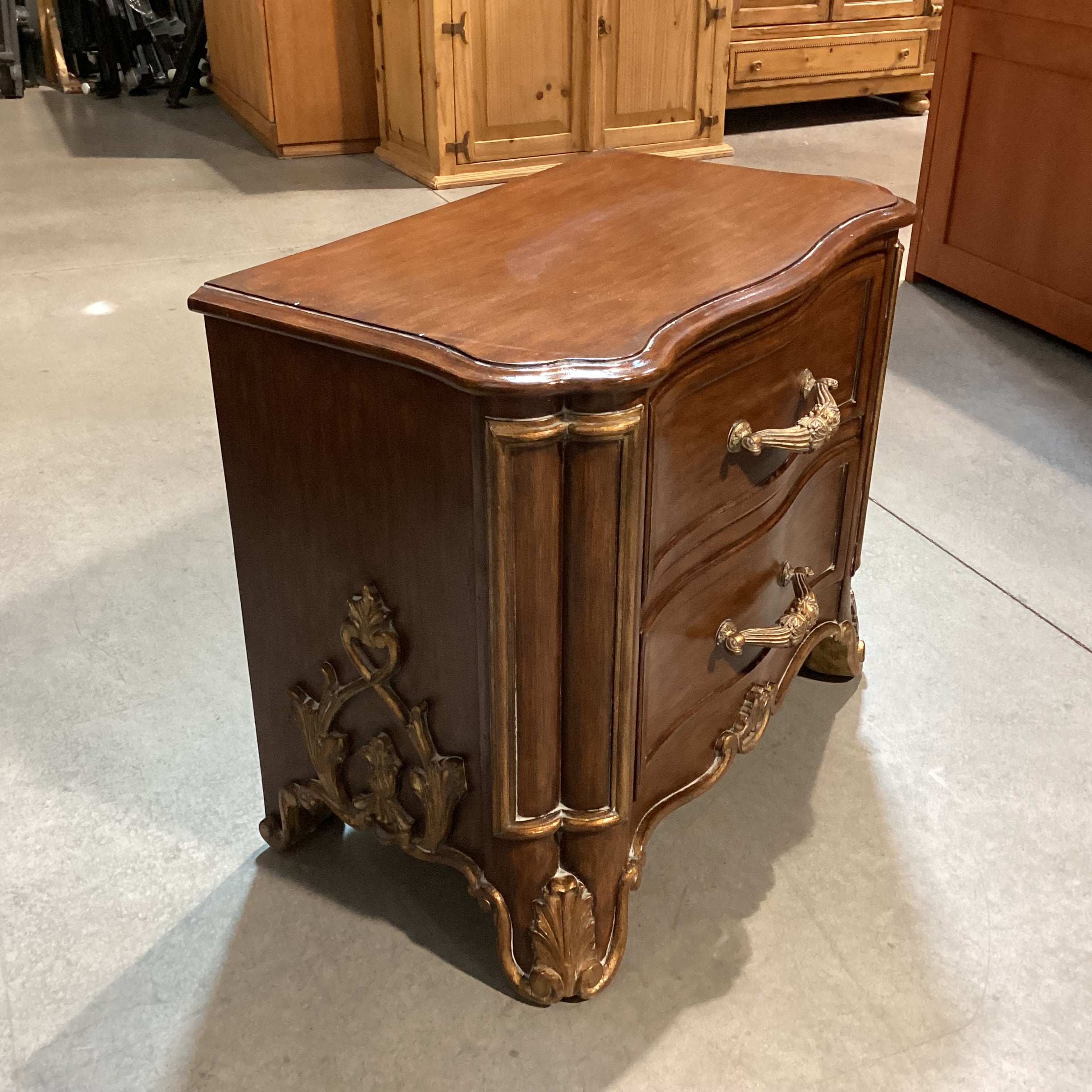 Ornate Carved Wood with Gold Accent 2 Drawer Nightstand 34.5"x 20"x 28"