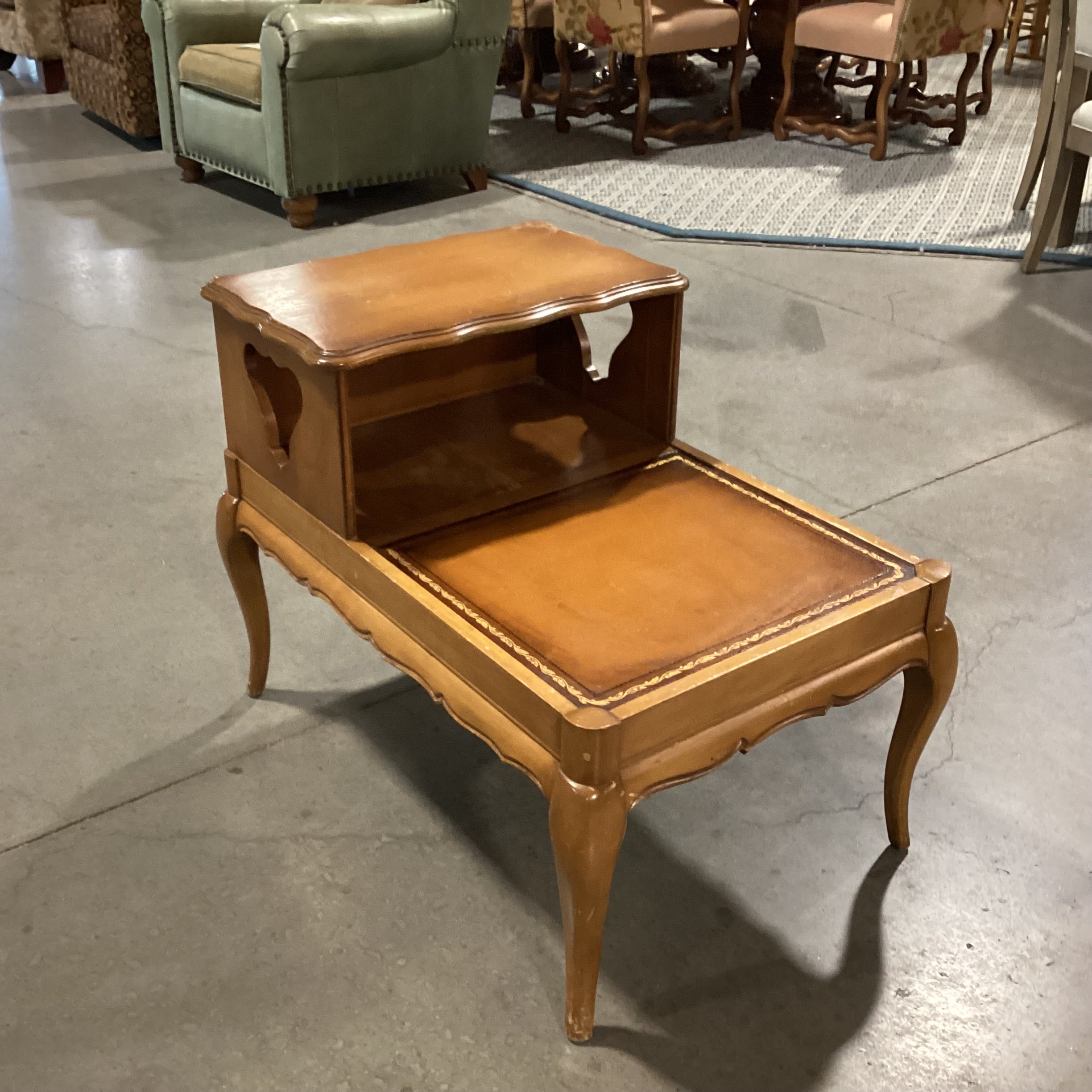 Mid Century Carved Wood & Leather Top with Cubby End Table21"x 32"x 24.5"