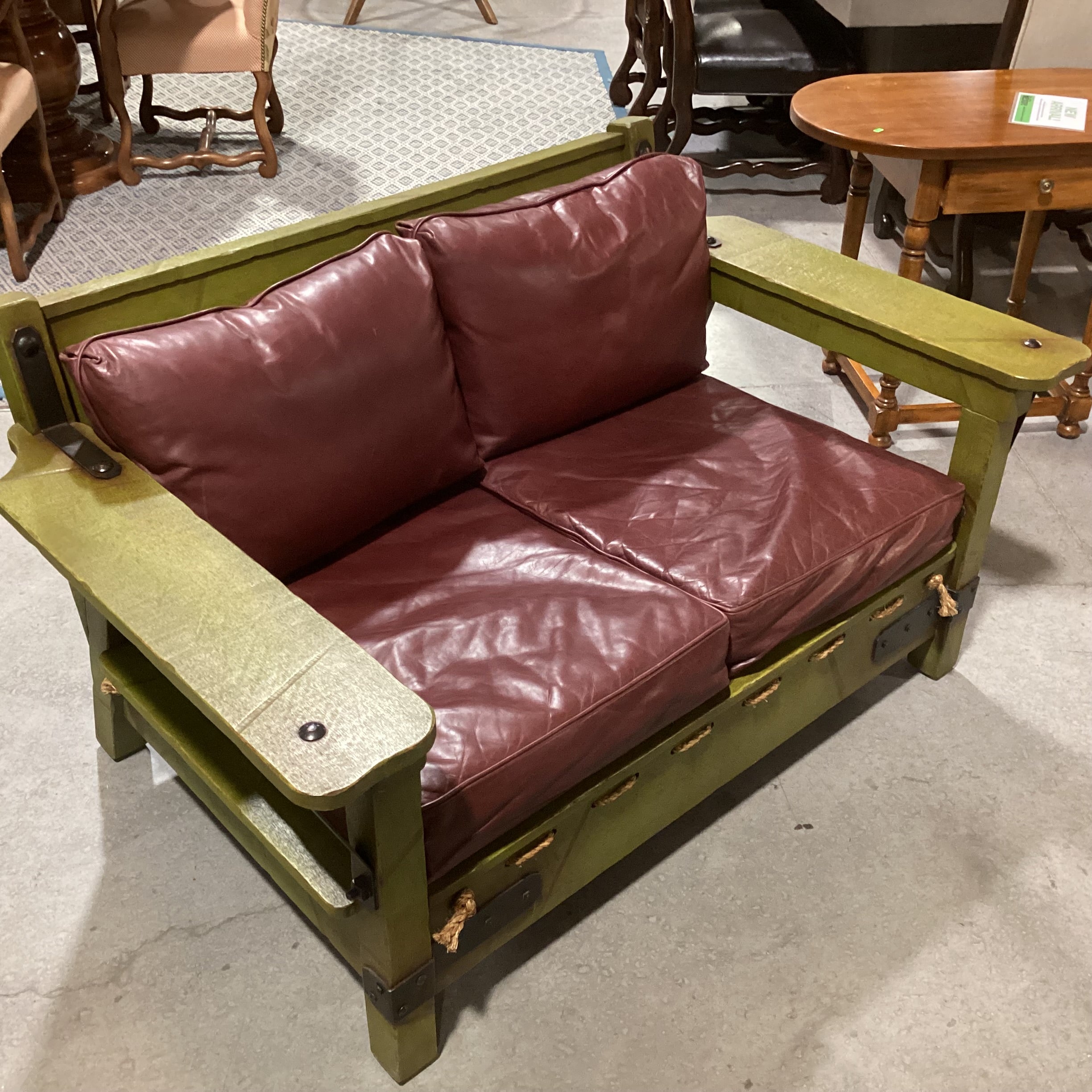 Art in Fine Forms Custom Spanish Green Alder Iron &Rope with Leather Cushions Sofa 57"x 36"x 31"