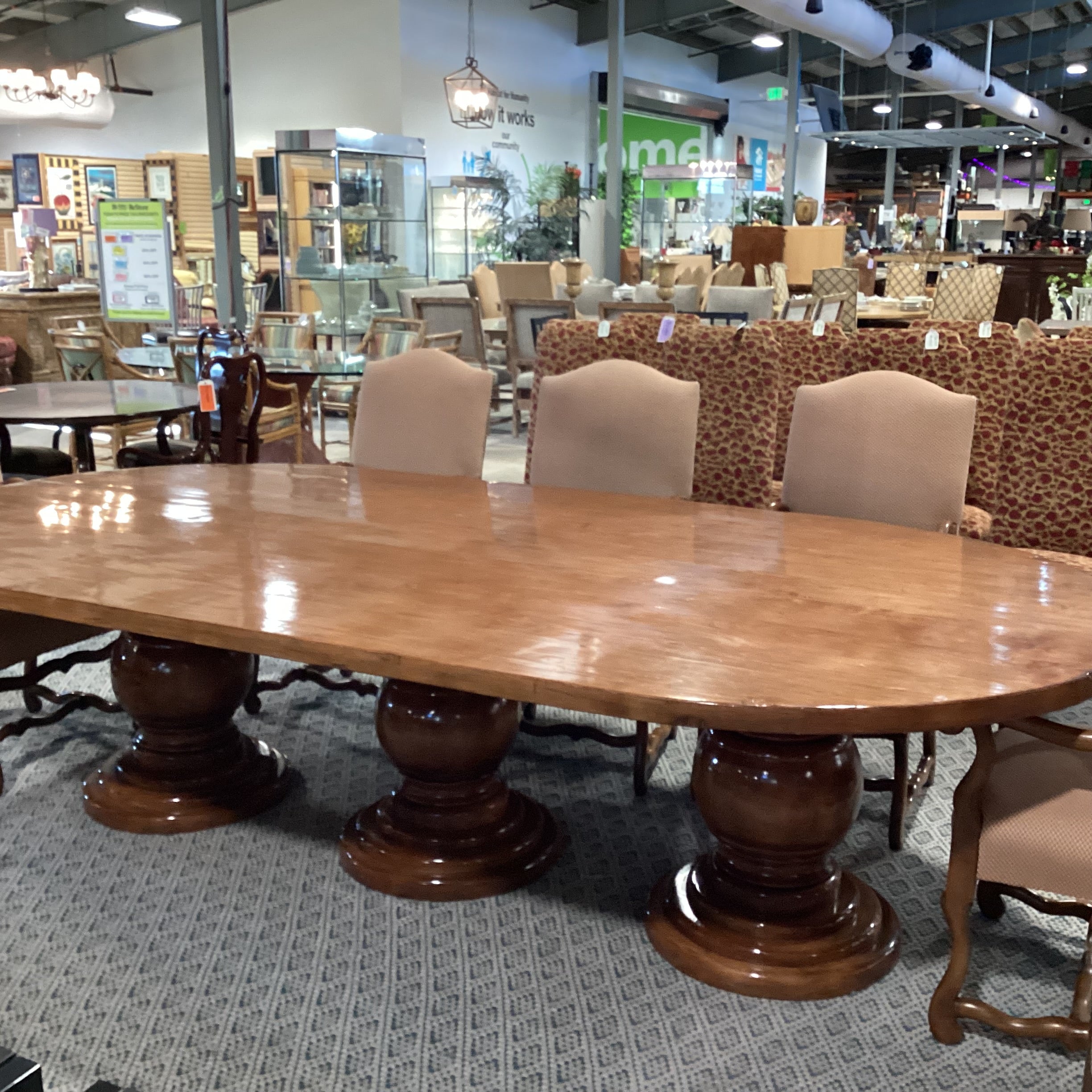 Oval Finished Carved Wood 3 Pedestal Table with 8 Checker Bird Floral Trouvalles Chairs Dining Set 118.5"x 59.5"x 31"