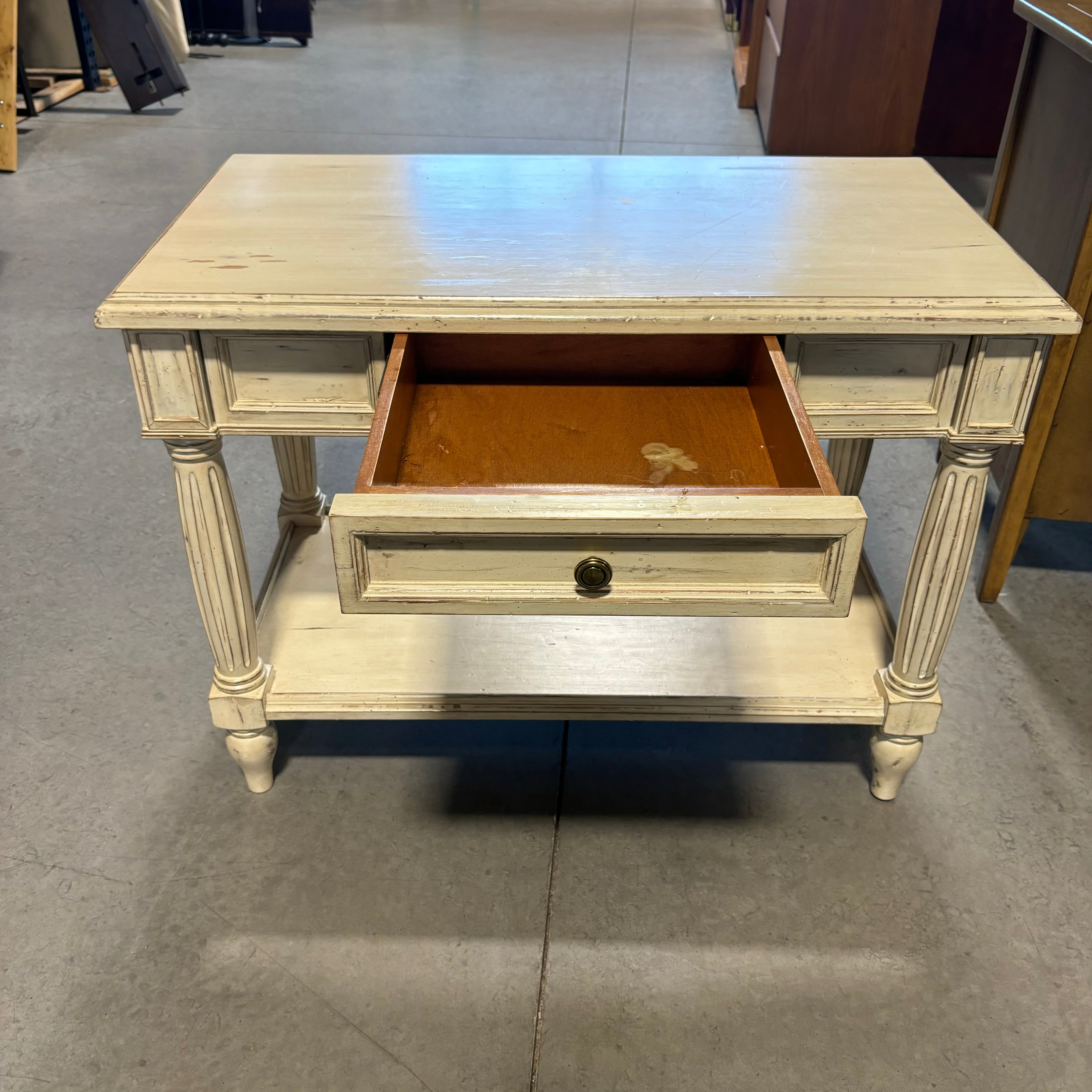 Vintage White Washed Wood 2 Tiered 1 Drawer End Table 36"x 20"x 27"