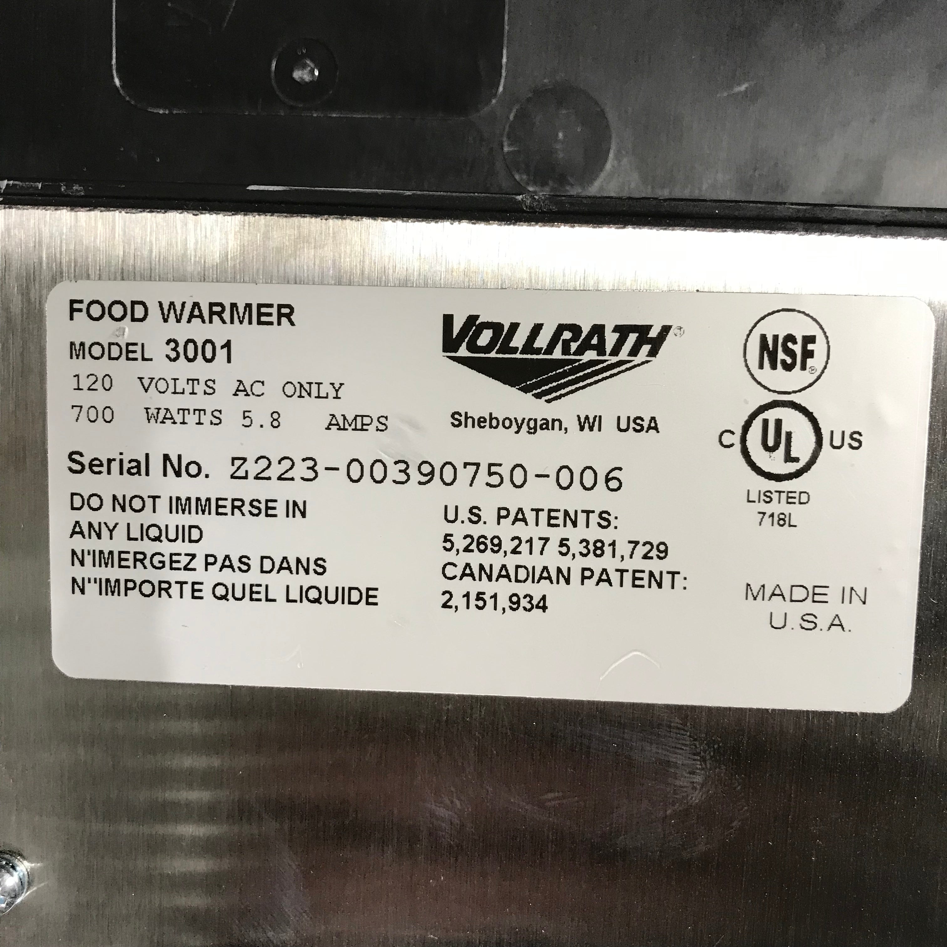 19.5"x 13.5"x 10" VOLLRATH Food Warmer Model 3001