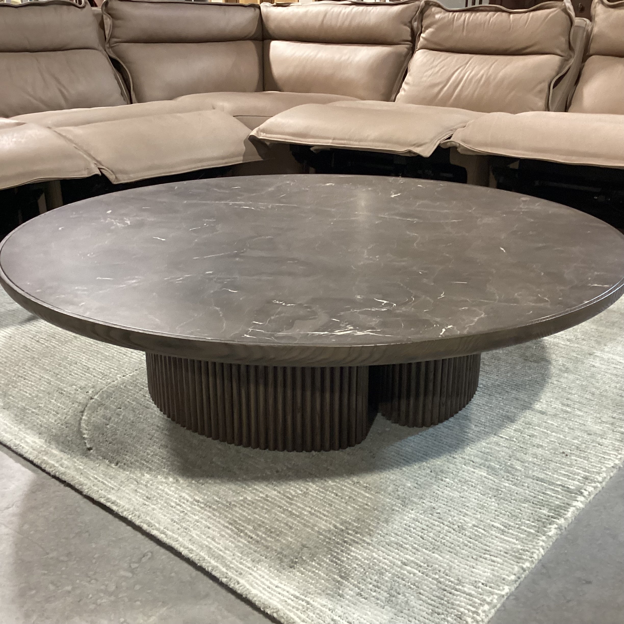 Aster Dark Finish Faux Stone & Ribbed Wood Pedestal Round Coffee Table 54" Diameter x 14.5"