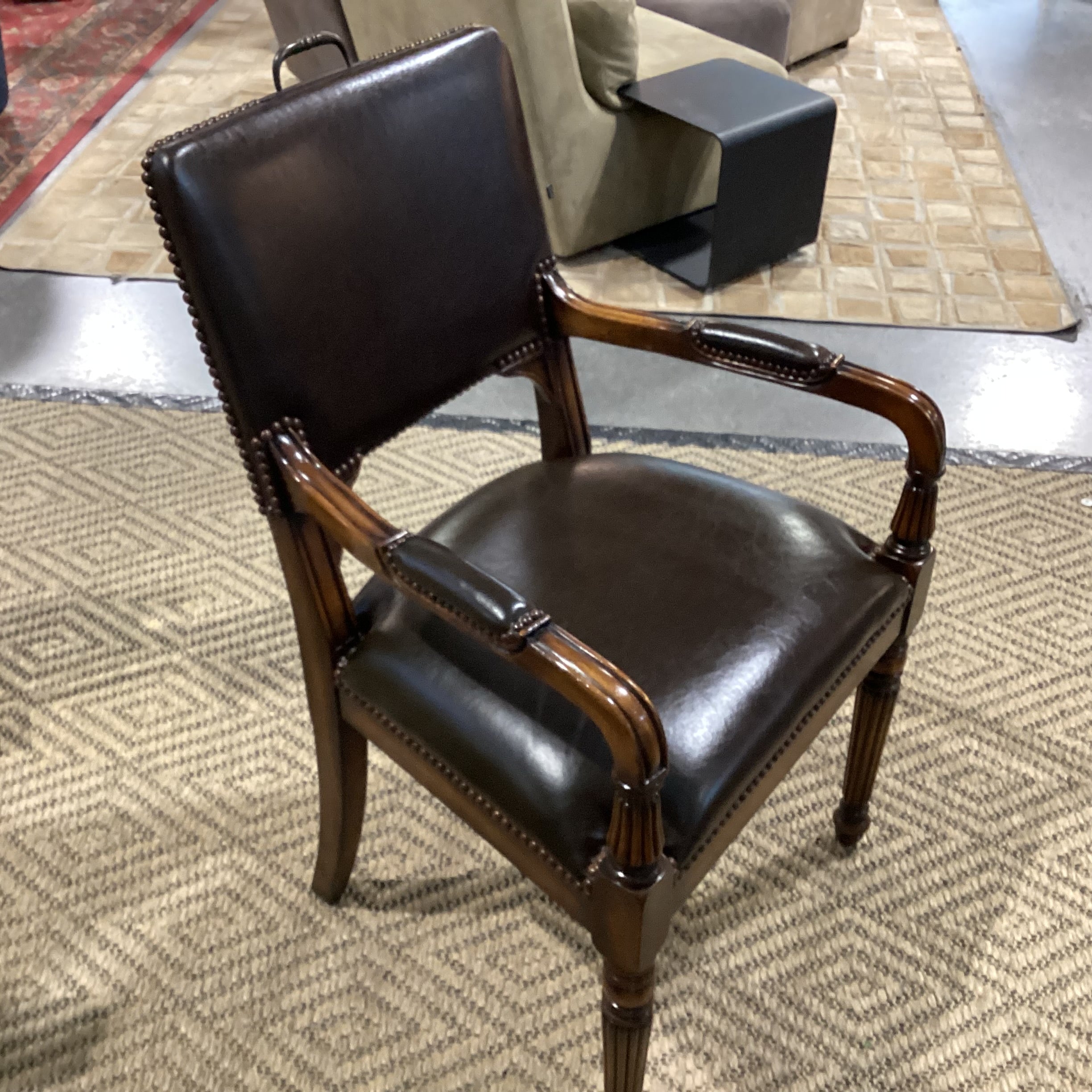 Carved Wood Leather Nailhead & Back Handle Chair 24"x 24"x 39"