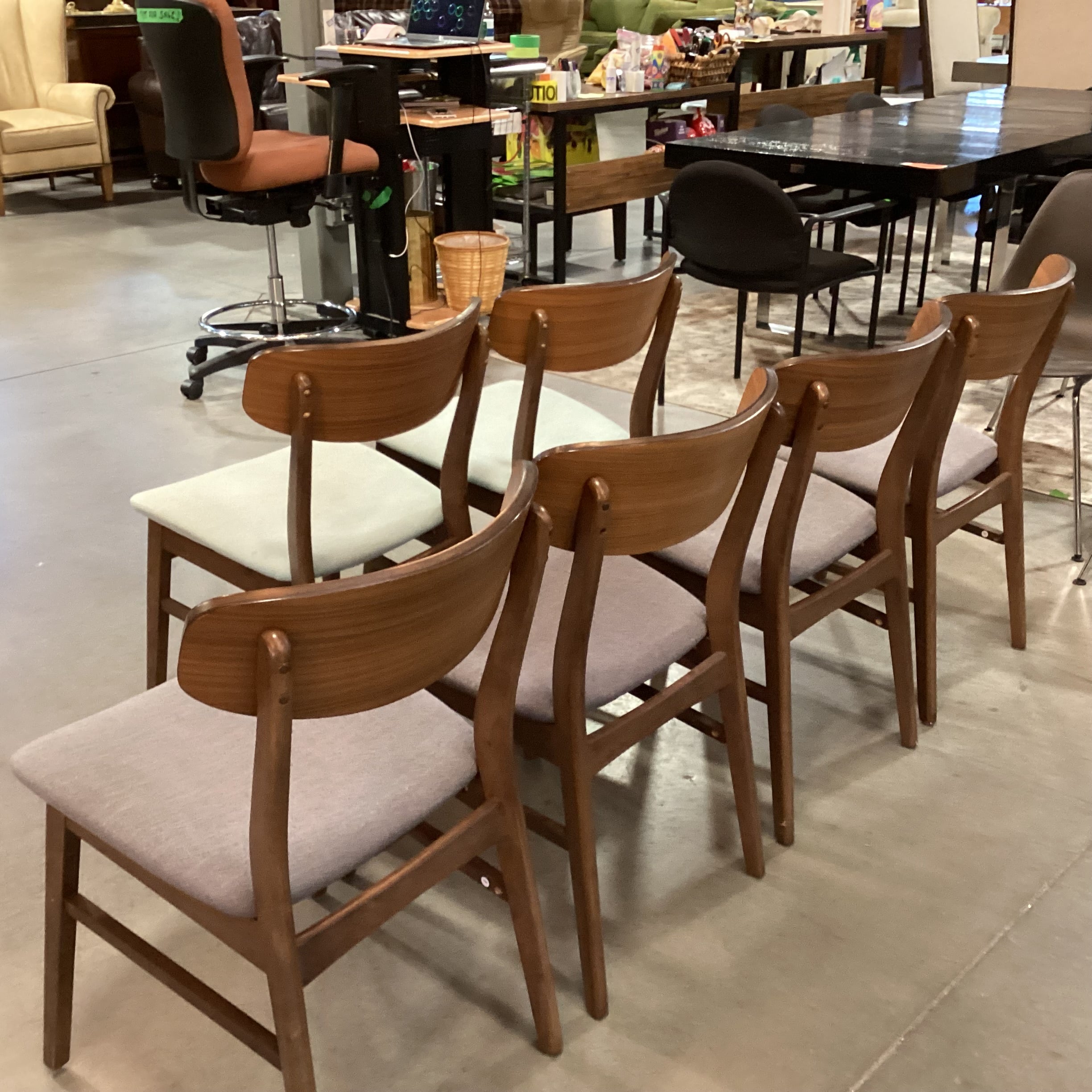 SET of 6 Mid Century Style Walnut Blue & Grey Seat Dining Chairs 18"x 18"x 30.5"