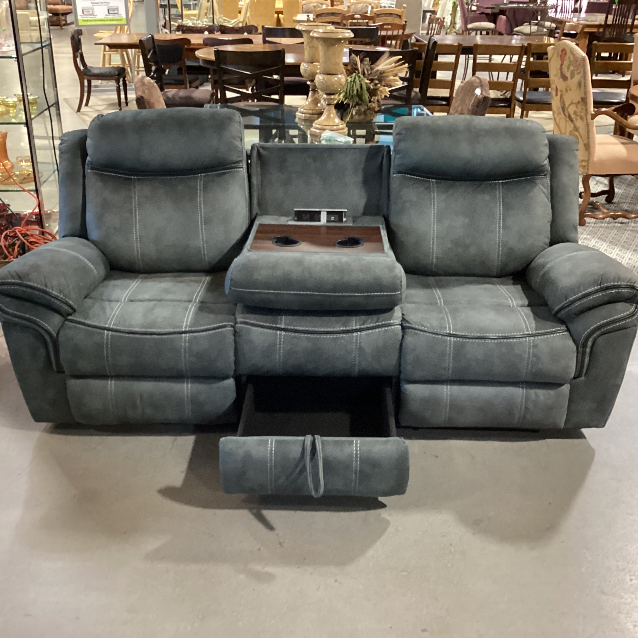 Textured Slate Grey Ultra Suede with Piping & Stitching Accent Double Recliner with Outlet Console Sofa 89"x 39" to 55"x 41"