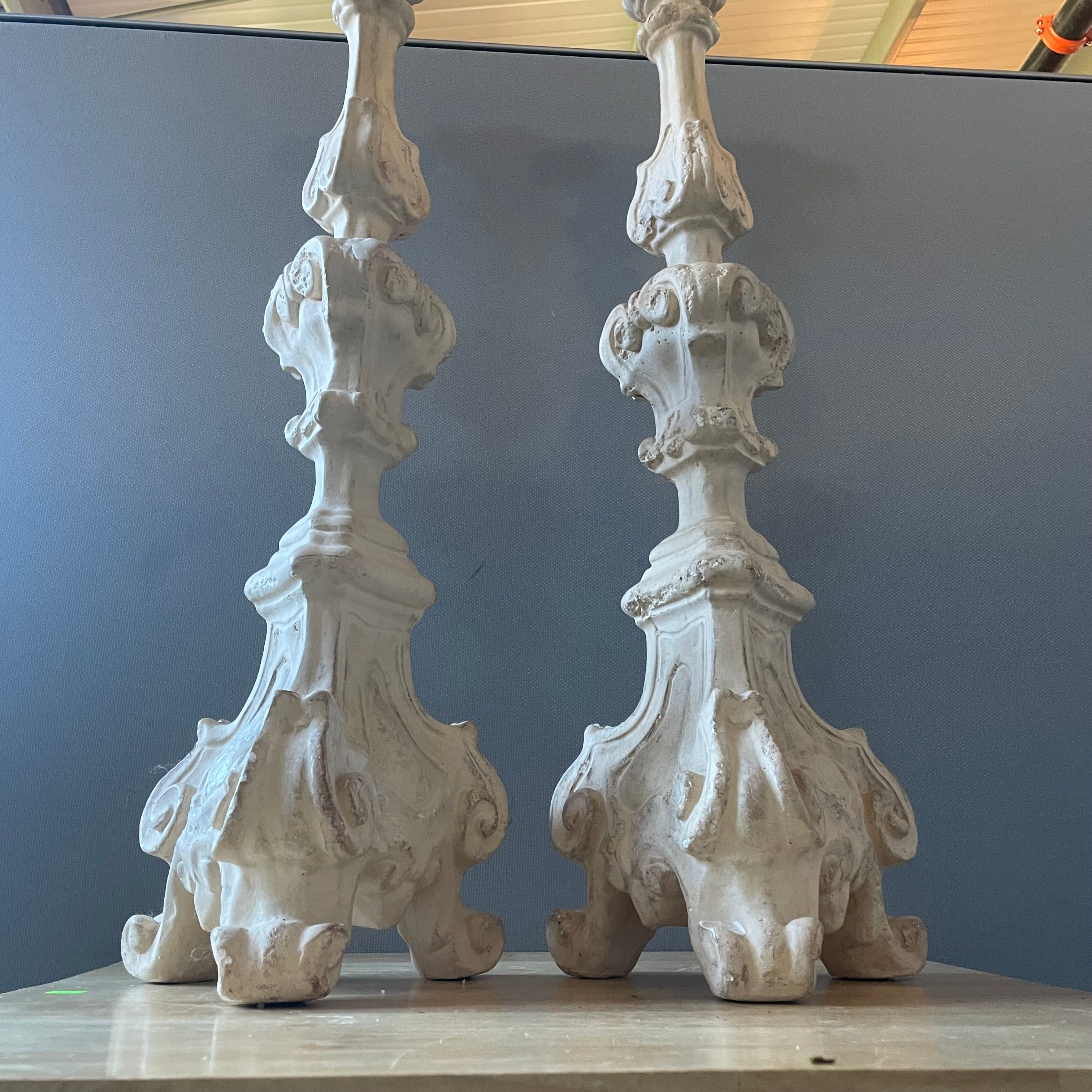 Vintage Baroque Style Composite Floor Candlesticks, Pair, 9.5"x 32"